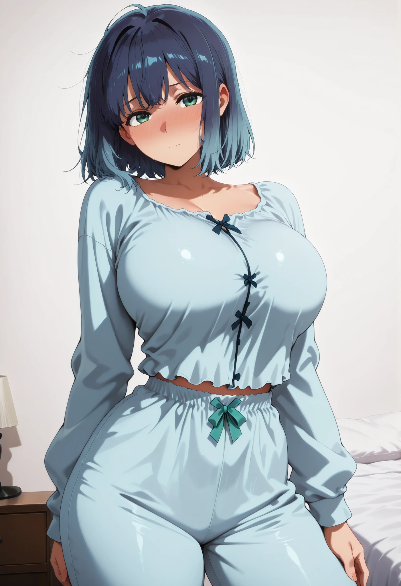 score_9, score_8_up, score_7_up, score_6_up, score_5_up, score_4_up, masterpiece, high quality, shiny skin, shiny hair, shiny body, clear body, large breasts, nose blush, nice legs, standing, nice legs, posing, SFW, looking at viewer, thick thigh, thick thighs, nice face, large breasts, solo, , akane kurokawa, bangs, green eyes, blue hair, medium hair, dark blue hair, large breasts, anime screencap, bedroom, posing, pose, contrapposto, white background, simple background, pants, pants, fully pants, ht_pajamas,laces