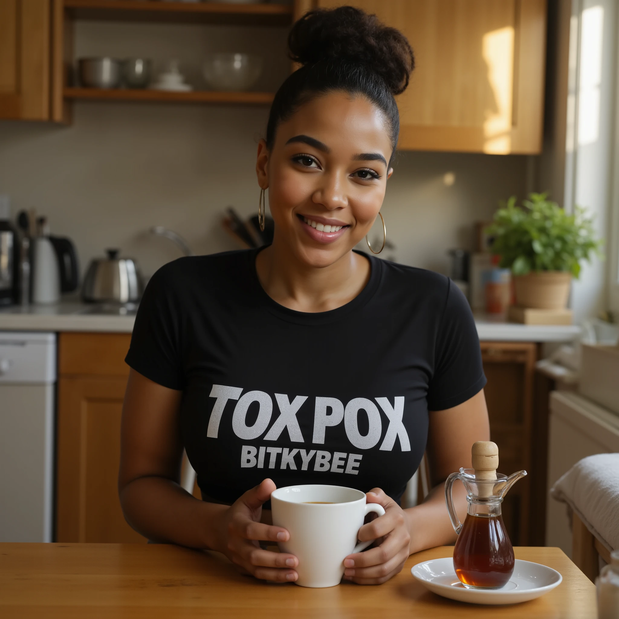Masterpiece photo of slim young fullbreasted blackskinned ((Alexandra Shipp)) sitting behind wooden breakfast table with a pot of coffee and a cup, happy smiling into camera. She wears a tight closed black t-shirt with a text in big white letters: "TOX POX BITKYBEE". Inside  a cozy kitchen with some herbs growing in pots, warm daylight shining from side, casting interesting shadows, natural lighting. Hyper detailed, UHD, 8k