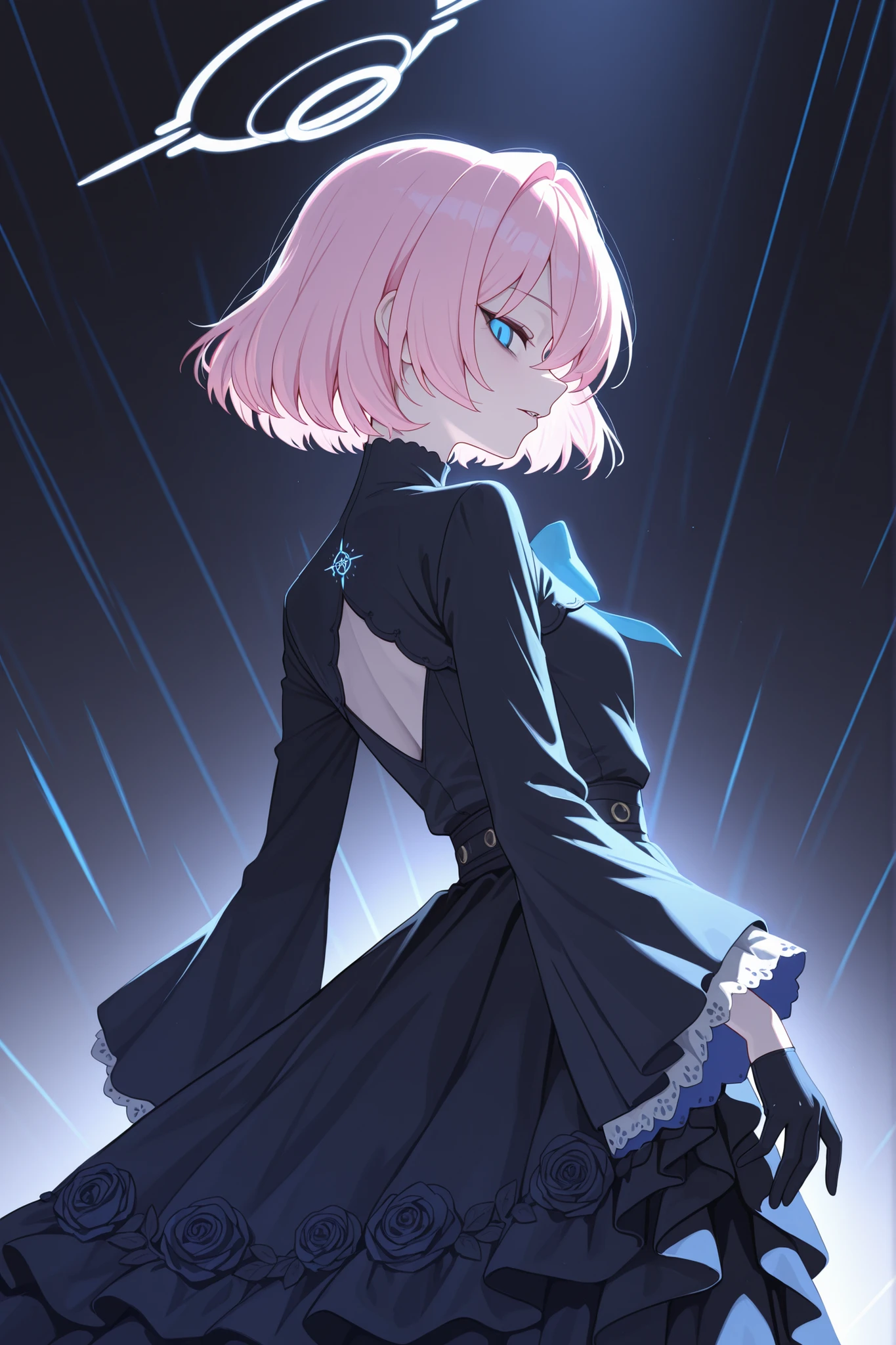 masterpiece, best quality, very aesthetic, intricate details, vivid colors, smooth shading, dynamic lighting, professional illustration, soft gradients, balanced composition, elegant pose, high-resolution, sharp focus, 8k, hdr, crisp lines, perfect lighting, sharp eyes, detailed eyes, highly detailed, 1girl, absurdres, black dress, black gloves, black halo, blue archive, blue eyes, dress, gloves, halo, highres, hoshino (blue archive), hoshino terror (blue archive), long sleeves, looking at viewer, mistel (sukebemistel), parted lips, pink hair, profile, short hair, solo, white background