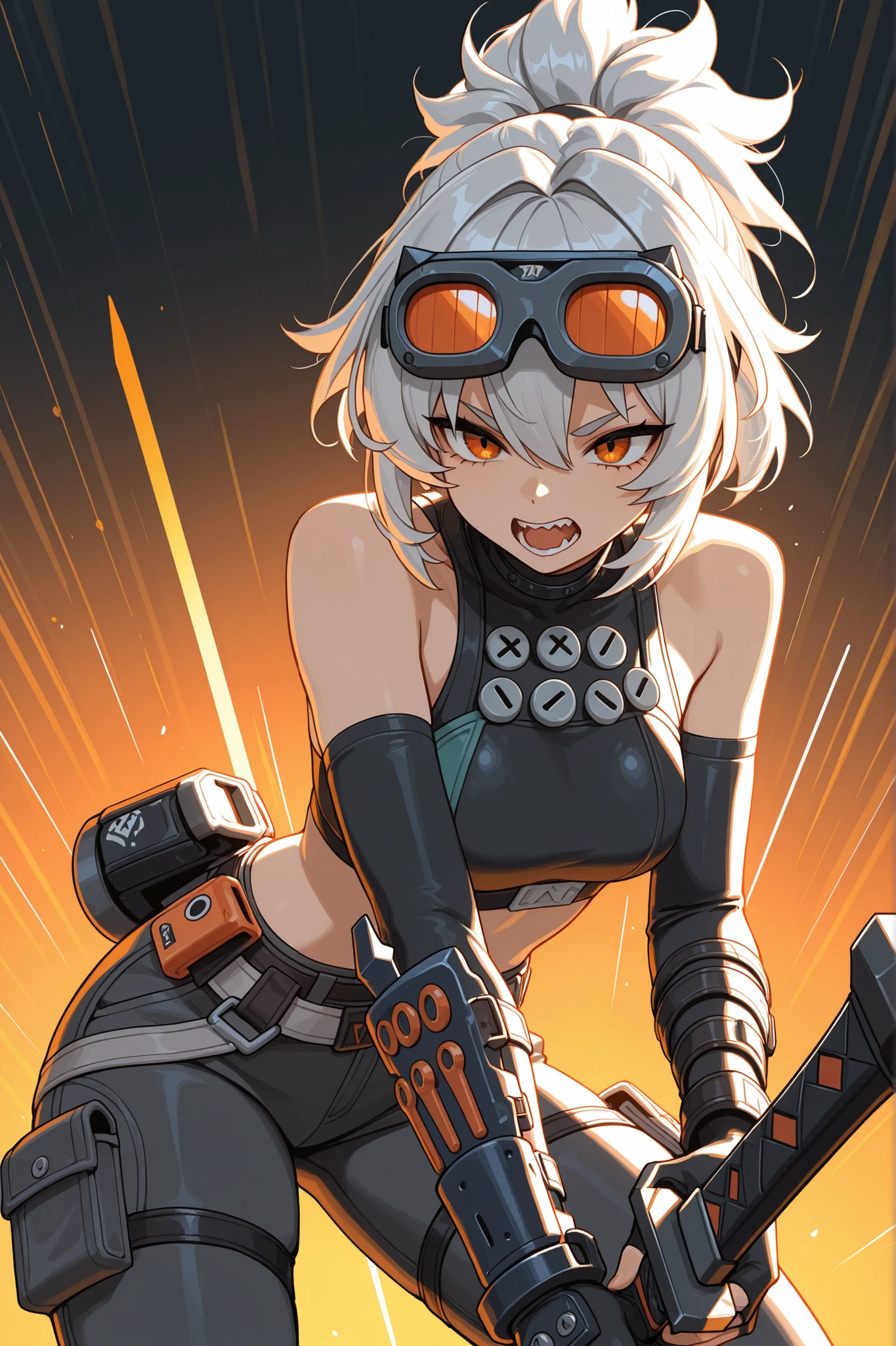 masterpiece, best quality, very aesthetic, intricate details, vivid colors, smooth shading, dynamic lighting, professional illustration, soft gradients, balanced composition, elegant pose, high-resolution, sharp focus, 8k, hdr, crisp lines, perfect lighting, sharp eyes, detailed eyes, highly detailed, 1girl, shoulders, goggles, grey hair, hair between eyes, highres, holding, holding weapon, open mouth, orange eyes, ponytail, short hair, soldier 11 (zenless zone zero), solo, sword, weapon, white hair, zenless zone zero