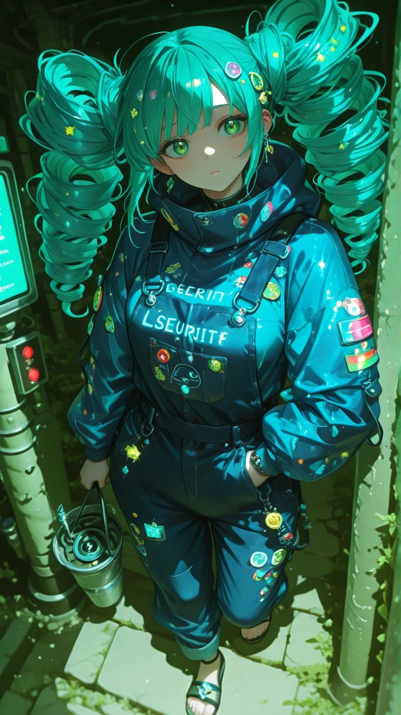 super active anime girl with blue-green hair, green eyes, blue jacket、A drill that glows green、large sandals with colorful patches and graffiti applied to overalls through prohibited underground passages, while running through an underground passage while emitting sparks from an drilling rig,has a huge drill、holding a giant drill green spiral light emitted from a drill、 Ancient Civilization Murals, sticker with turquoise hair written on it, confused security system, 、 Green background, masterpiece,
Digital Painting,ultra detail
、Dramatic Light と Shadow、
Brilliant Color Effects、god々 pixie background、
overwhelming beauty、Blurry Background、
Underground city in the background、Dark Effects 。Dutch Angle