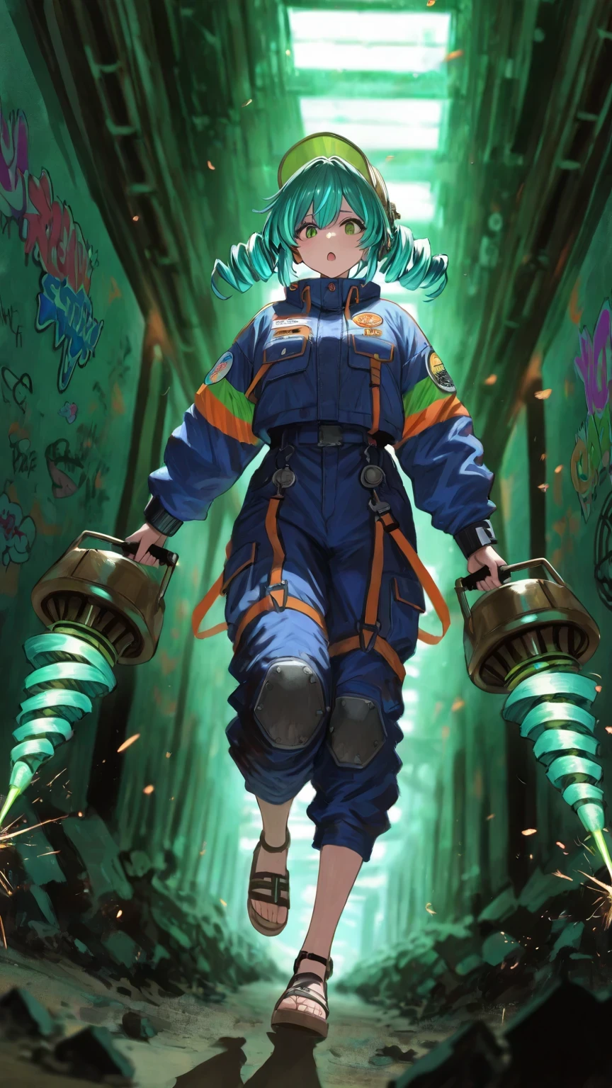 super active anime girl with blue-green hair, green eyes, blue jacket、A drill that glows green、large sandals with colorful patches and graffiti applied to overalls through prohibited underground passages, while running through an underground passage while emitting sparks from an drilling rig,has a huge drill、holding a giant drill green spiral light emitted from a drill、 Ancient Civilization Murals, sticker with turquoise hair written on it, confused security system, 、 Green background, masterpiece,
Digital Painting,ultra detail
、Dramatic Light と Shadow、
Brilliant Color Effects、god々 pixie background、
overwhelming beauty、Blurry Background、
Underground city in the background、Dark Effects 。Helical Speed Line、 High-speed movement 、Break the wall、scattered debris and debris、Dutch Angle