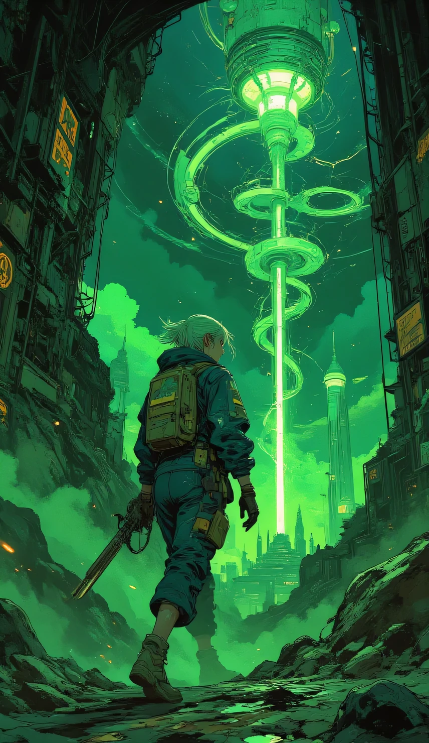 Explore underground、super active anime girl with blue-green hair, green eyes, blue jacket、A drill that glows green、overalls through prohibited underground passages large sandals with colorful patches and graffiti applied to work clothes, while running through an underground passage while emitting sparks from an excavator,has a huge drill、holding a giant drill green spiral light emitted from a drill、 Ancient Civilization Murals, sticker with turquoise hair written on it, confused security system, 、 Green background, masterpiece, Digital Painting,ultra detail 、Dramatic Light と Shadow、 Brilliant Color Effects、god々 pixie background、 overwhelming beauty、Blurry Background、 Underground city in the background、Dark Effect Underground City: Civilization at the Center of the Earth,Amazing.An iconic spiral tower shines in a green double spiral、giant armored car using sci-fi with a giant triangular pyramid drill、high definition , Dark Method , very detailed background , Exquisitely Designed Composition、Dramatic Lighting , Dramatic Angles , (photorealistic, high definition, Original photo, 8k, complicated, Realistic Reflections,)、dark effect、Film Writing、Green background、Green light vortex spreading in a double helix