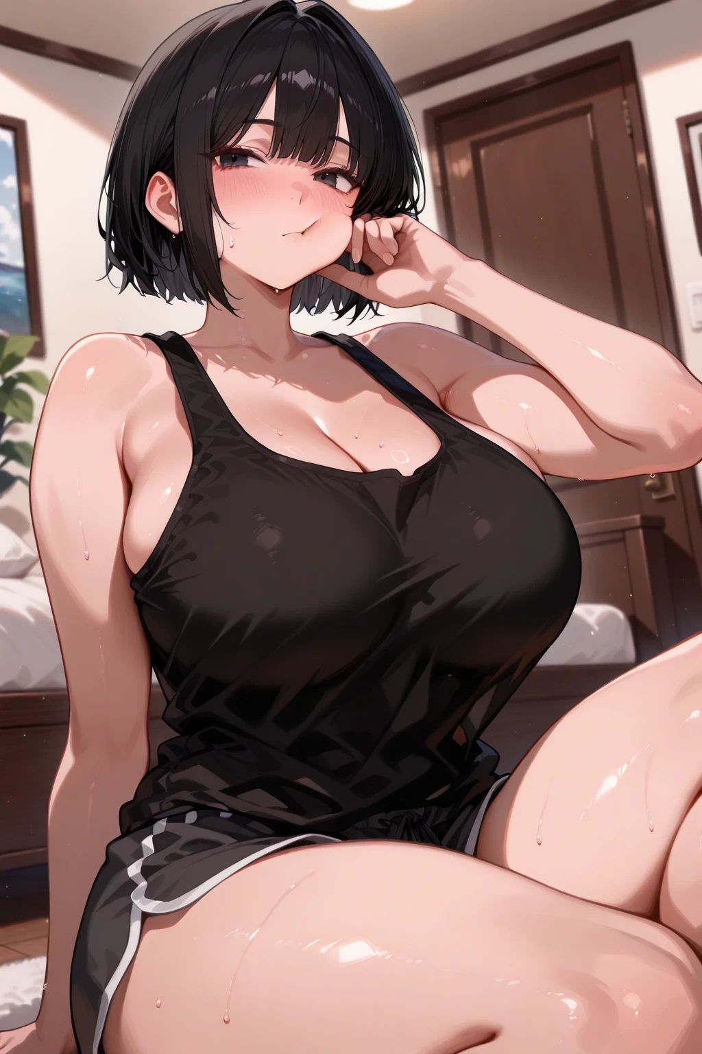 Woman, mommy type, curvy, short hair, serious face with no blush, slight sweat, white main colour with black spots cowgirl , white with black spots cowgirl stockings on legs, hair band horns, leg on leg, sitting on a couch, private lounge, looking in the camera 