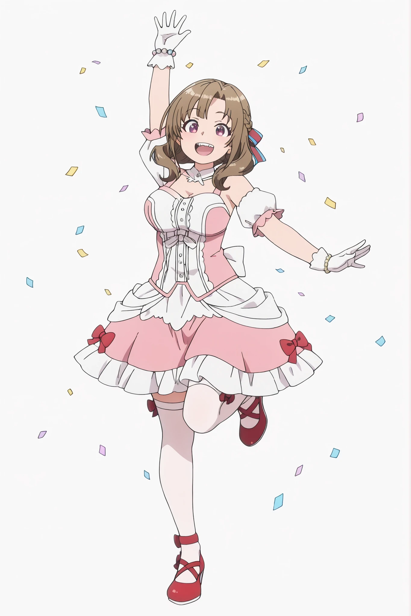mamako oosuki,simples_anime,An anime girl with brown hair,  Dressed in a vibrant , Traje com babados, strikes a cheerful pose as golden flakes float around her against a plain fundo branco. The central figure is an anime-style girl with shoulder-length hair, light cabelo castanho that has some subtle roxo claro tips and is styled with gentle waves and curls. Ela tem grande, expressive olhos roxos and flushed cheeks, ,  indicating emotion  . Her mouth is open in a wide, sorriso alegre, revealing your teeth . She is wearing a whimsical, multicolored fantasy with a white top with ruffles showing her shoulders and part of her chest, superimposed on a striped bodice in pink and light blue adorned with three light blue bows and delicate beaded chains. The skirt of her costume is short and very flowing, featuring layers of white, roxo claro, e babados rosa.  on her right arm , she wears a white glove with a ruffled cuff and a small pearl bracelet, while your left hand is raised in a wave gesture, also covered by a white glove with ruffles. She is wearing white thigh-high stockings in ruffles and red bows, and red toe shoes with matching red bows on the straps. His posture suggests movement, maybe dancing or jumping, with her angled body and her left leg extended, transmitting energy and enthusiasm. Ao redor dela, Several small , flakes or confetti rectangles are scattered, creating a commemorative or magical atmosphere. The background is clean, white solid, what makes the colorful character and the golden flakes stand out. The overall mood of the image is cheerful, Energetic, and playful, reminding an idol performance or a festive celebration, oosuki mamako, fundo branco, ,uma garota, only, oosuki mamako, cabelo comprido, cabelo castanho, furar cabelo, braid half tied half loose, fita de cabelo, cabelos cortinados, olhos roxos,  estilo de cor plana, simples coloring style,