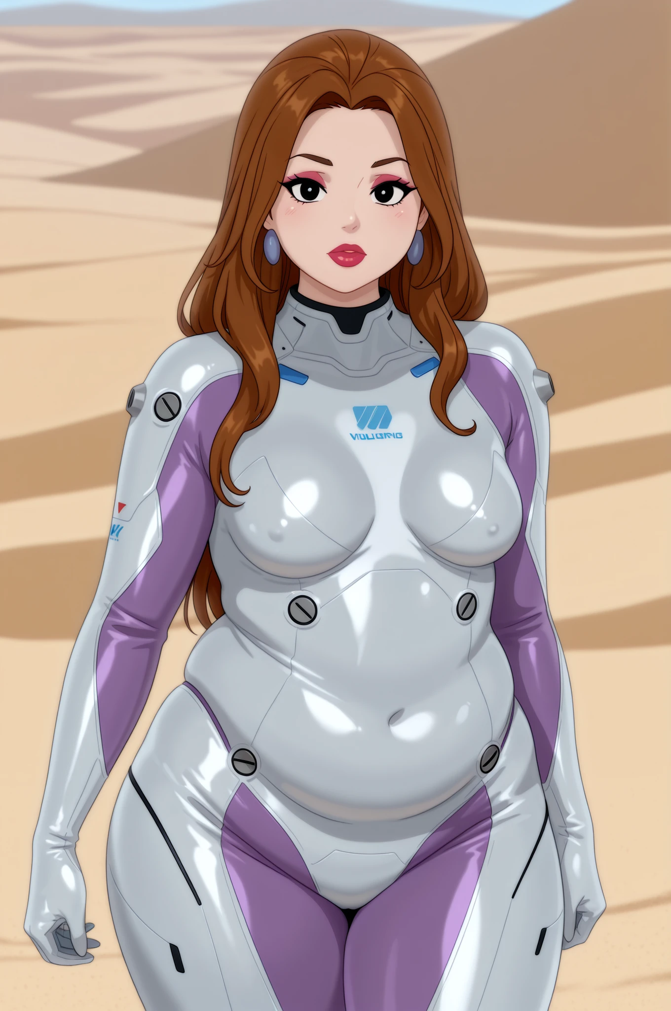 Debra, small . Pale red lipstick, brown hair, black eyes, pale red makeup, long hair, thick , chubby, overweight, chubby, fat, mature woman..| good quality, very aesthetic, masterpiece,best quality,amazing quality,newest, 8K, depth of field, volumetric lighting, very awa, aa_bhd, 1girl, solo,  woman, lips, , stillsuit, sand background, dunes, front view, cowboy shot, looking at viewer,