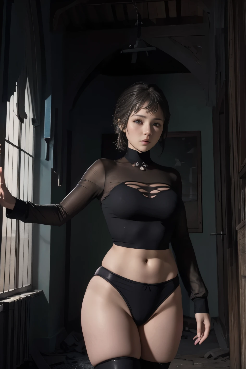 (masterpiece, highest quality), 1 girl, beautiful face, beautiful body, wearing a Black gymnastics bloomers, High leg、white blouse, cowboy shot、Are standing、full body portrait、alone, complex details, enlarged textures, complex details, finely detailed eyes and detailed face, intricate details, perfect eyes, equal eyes, perfect body, extremely detailed, (), extremely realistic 3d,While taking off her bloomers,Scared girl、shout、Convulsing with fear、 in ruins、Abandoned castle、Gothic style Western-style building