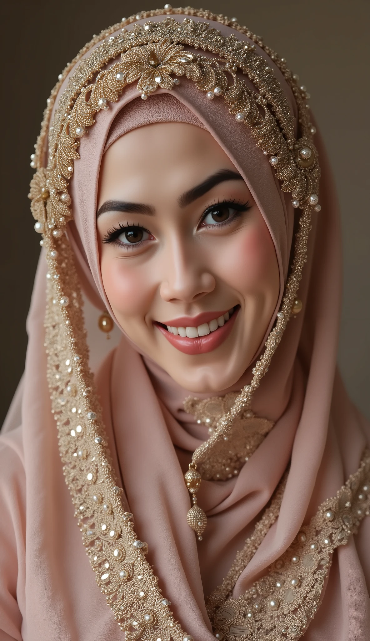 hyper HD, Masterpiece, Textured skin, 4K, Best quality of potrait a Beautiful hijab asian woman white fairy skin wearing dress , close-up half body , perfect hijab, detail veil , hyper realistic scarf and ornate on her side big back head hijab on likely hijab bun style , happy vibes, beauty smile open mouth showing teeth , smiling confident , huge breast , real photo shoot DSLR HD Picture.