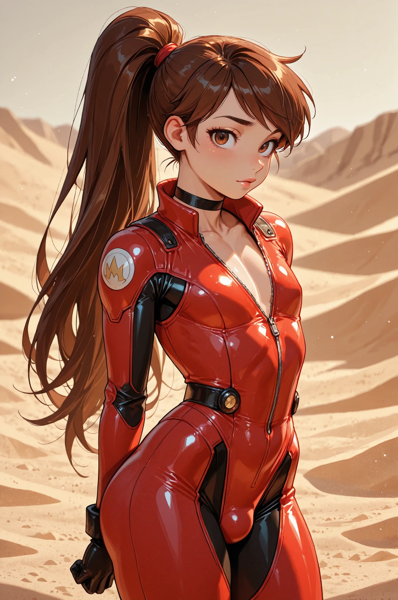 Princess Marco. brown eyes, very long hair, brown hair, ponytail. very small breasts. huge hips. slim body. choker. femboy, crossdressing,|  good quality, very aesthetic, masterpiece,best quality,amazing quality,newest, 8K, depth of field, volumetric lighting, very awa, aa_bhd, 1girl, solo,  woman, lips, bodysuit, stillsuit, sand background, dunes, front view, cowboy shot, looking at viewer,