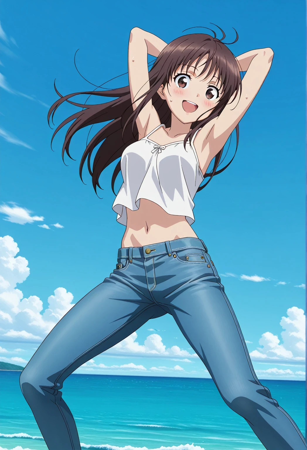 score_9, score_8_up, score_7_up, source_anime, highres, hi res, ((best quality, top quality, perfect quality, Highest Quality, amazing quality)), {{masterpiece}}, {{an extremely delicate and beautiful}}, 2d, intricate details, official style, anime, 8k, anime style, official_anime, official art, digital painting, cell shading, soft shading, high resolution, soothing tones, Subdued Color, Soft cinematic light, adobe lightroom, photolab, HDR, intricately and hyper-detailed, ((high quality animation)), 1 girl, Alone, solo, ((ocean)), tsunami, on the water, day, sunny, outdoors, sky, windy, Sei Takanashi, The Saint’s Magic Power Is Omnipotent, dark brown eyes, dark brown hair, long hair, anime screencap, medium breasts, white camisole top, crop top, white crop top, best quality, hyper-detailed jeans, ((blue jeans:1.9)), (dark blue jeans:0.6), full medium body, medium shot, Open mouth, smiling, happy face, blush, sweat, standing, ((arms behind head:6.0)), ((perfect arm line:2.5)), bowlegged, jumping pose, action, looking at viewer, spread legs, Bend knees slightly, straight-on front view