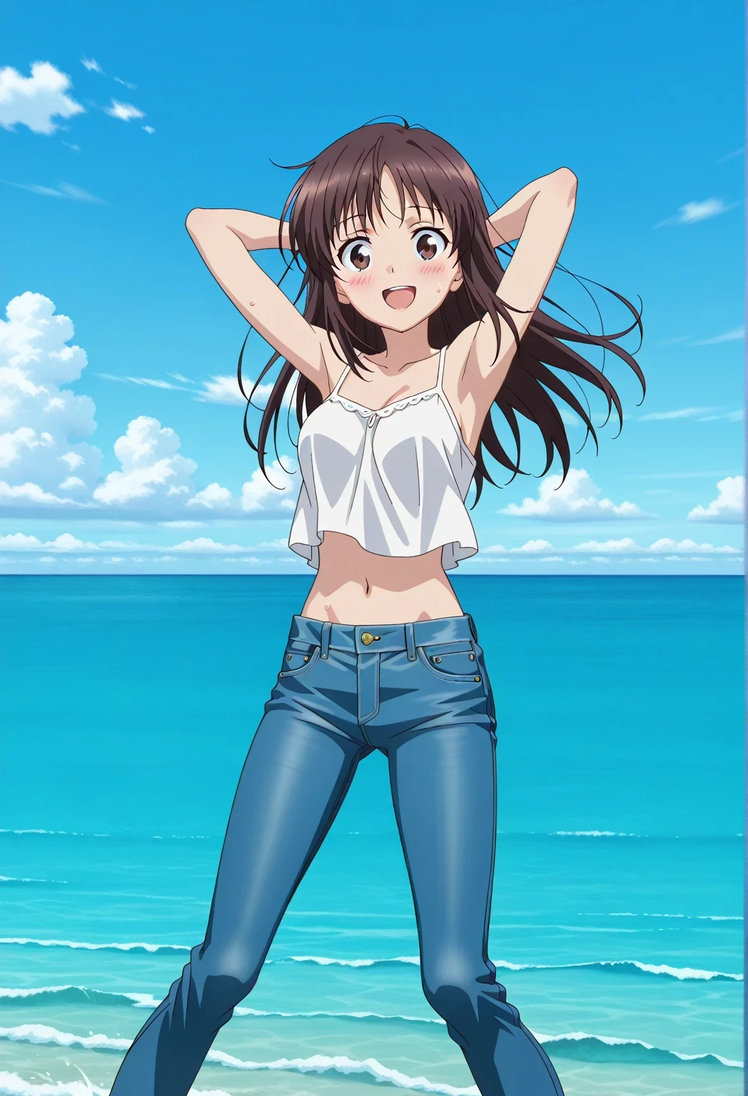 score_9, score_8_up, score_7_up, source_anime, highres, hi res, ((best quality, top quality, perfect quality, Highest Quality, amazing quality)), {{masterpiece}}, {{an extremely delicate and beautiful}}, 2d, intricate details, official style, anime, 8k, anime style, official_anime, official art, digital painting, cell shading, soft shading, high resolution, soothing tones, Subdued Color, Soft cinematic light, adobe lightroom, photolab, HDR, intricately and hyper-detailed, ((high quality animation)), 1 girl, Alone, solo, ((ocean)), tsunami, on the water, day, sunny, outdoors, sky, windy, Sei Takanashi, The Saint’s Magic Power Is Omnipotent, dark brown eyes, dark brown hair, long hair, anime screencap, medium breasts, white camisole top, crop top, white crop top, best quality, hyper-detailed jeans, ((blue jeans:1.9)), (dark blue jeans:0.6), full medium body, medium shot, Open mouth, smiling, happy face, blush, sweat, standing, ((arms behind head:6.0)), ((perfect arm line:2.5)), bowlegged, jumping pose, action, looking at viewer, spread legs, Bend knees slightly, straight-on front view
