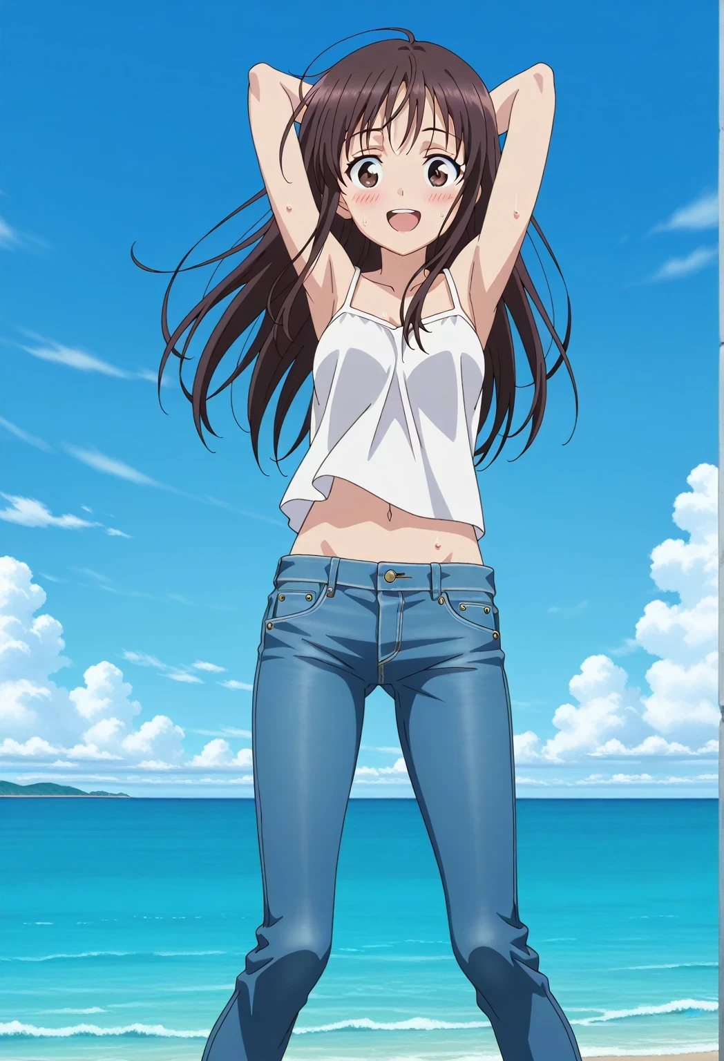 score_9, score_8_up, score_7_up, source_anime, highres, hi res, ((best quality, top quality, perfect quality, Highest Quality, amazing quality)), {{masterpiece}}, {{an extremely delicate and beautiful}}, 2d, intricate details, official style, anime, 8k, anime style, official_anime, official art, digital painting, cell shading, soft shading, high resolution, soothing tones, Subdued Color, Soft cinematic light, adobe lightroom, photolab, HDR, intricately and hyper-detailed, ((high quality animation)), 1 girl, Alone, solo, ((ocean)), tsunami, on the water, day, sunny, outdoors, sky, windy, Sei Takanashi, The Saint’s Magic Power Is Omnipotent, dark brown eyes, dark brown hair, long hair, anime screencap, medium breasts, white camisole top, crop top, white crop top, best quality, hyper-detailed jeans, ((blue jeans:1.9)), (dark blue jeans:0.6), full medium body, medium shot, Open mouth, smiling, happy face, blush, sweat, standing, ((arms behind head:6.0)), ((perfect arm line:2.5)), bowlegged, jumping pose, action, looking at viewer, spread legs, Bend knees slightly, straight-on front view