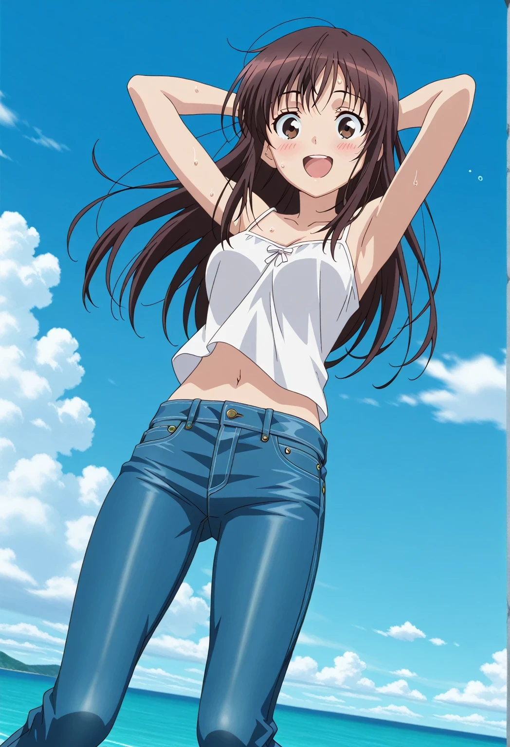score_9, score_8_up, score_7_up, source_anime, highres, hi res, ((best quality, top quality, perfect quality, Highest Quality, amazing quality)), {{masterpiece}}, {{an extremely delicate and beautiful}}, 2d, intricate details, official style, anime, 8k, anime style, official_anime, official art, digital painting, cell shading, soft shading, high resolution, soothing tones, Subdued Color, Soft cinematic light, adobe lightroom, photolab, HDR, intricately and hyper-detailed, ((high quality animation)), 1 girl, Alone, solo, ((ocean)), tsunami, on the water, day, sunny, outdoors, sky, windy, Sei Takanashi, The Saint’s Magic Power Is Omnipotent, dark brown eyes, dark brown hair, long hair, anime screencap, medium breasts, white camisole top, crop top, white crop top, best quality, hyper-detailed jeans, ((blue jeans:1.9)), (dark blue jeans:0.6), full medium body, medium shot, Open mouth, smiling, happy face, blush, sweat, standing, ((arms behind head:6.0)), ((perfect arm line:2.5)), bowlegged, jumping pose, action, looking at viewer, spread legs, Bend knees slightly, straight-on front view