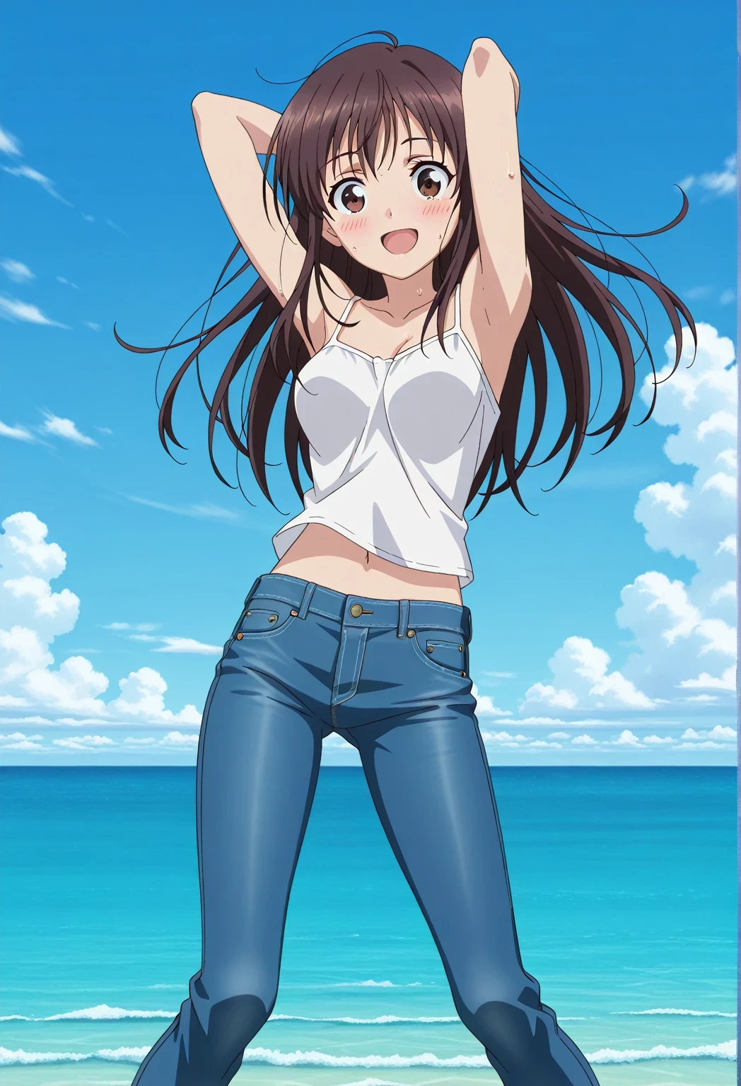 score_9, score_8_up, score_7_up, source_anime, highres, hi res, ((best quality, top quality, perfect quality, Highest Quality, amazing quality)), {{masterpiece}}, {{an extremely delicate and beautiful}}, 2d, intricate details, official style, anime, 8k, anime style, official_anime, official art, digital painting, cell shading, soft shading, high resolution, soothing tones, Subdued Color, Soft cinematic light, adobe lightroom, photolab, HDR, intricately and hyper-detailed, ((high quality animation)), 1 girl, Alone, solo, ((ocean)), tsunami, on the water, day, sunny, outdoors, sky, windy, Sei Takanashi, The Saint’s Magic Power Is Omnipotent, dark brown eyes, dark brown hair, long hair, anime screencap, medium breasts, white camisole top, crop top, white crop top, best quality, hyper-detailed jeans, ((blue jeans:1.9)), (dark blue jeans:0.6), full medium body, medium shot, Open mouth, smiling, happy face, blush, sweat, standing, ((arms behind head:6.0)), ((perfect arm line:2.5)), bowlegged, jumping pose, action, looking at viewer, spread legs, Bend knees slightly, straight-on front view
