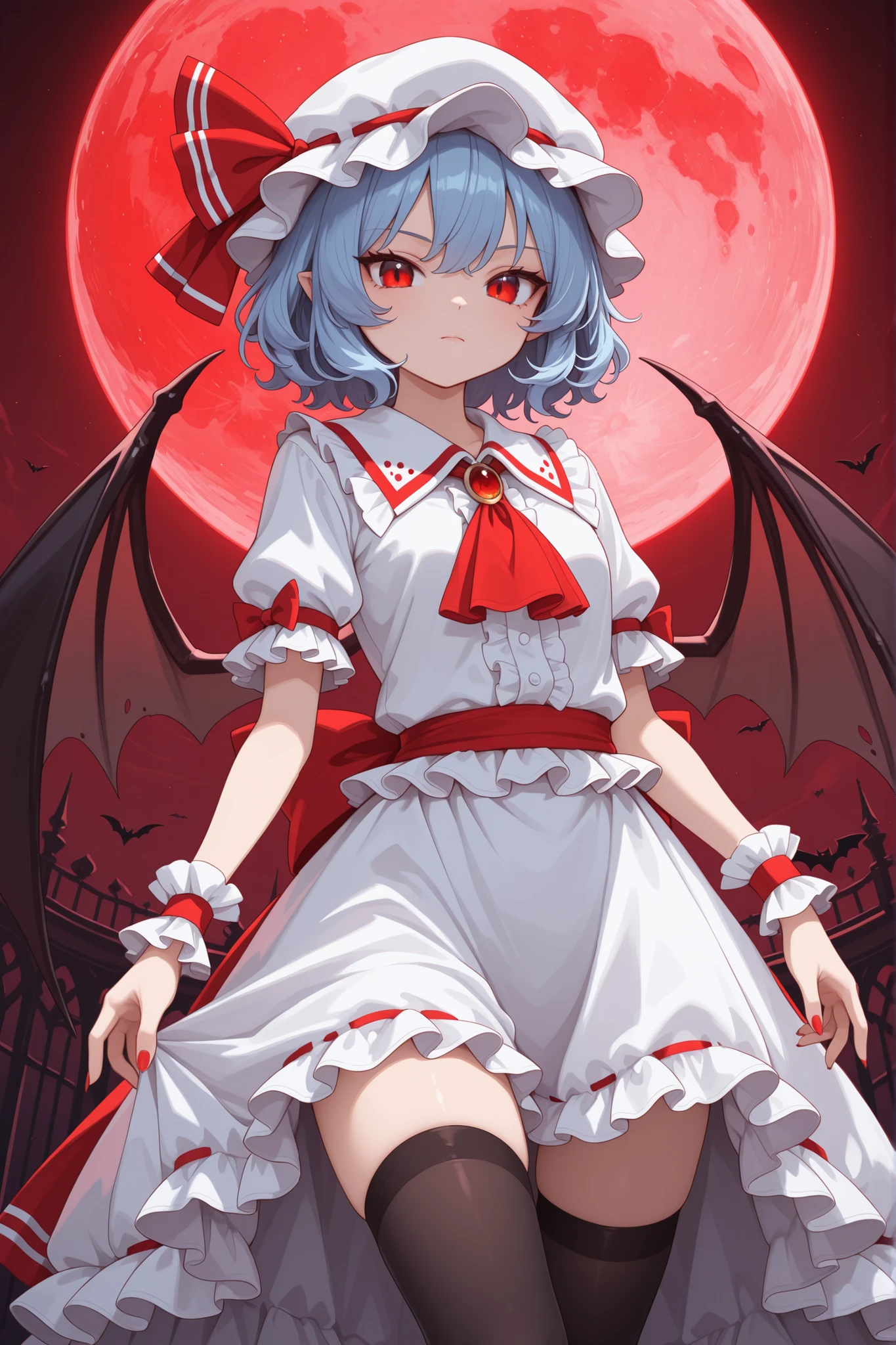 hat ribbon, frilled shirt collar, ribbon, looking at viewer, ascot, hat, red ribbon, bat wings, red ascot, black thighhighs, mob cap, frills, wings, wrist cuffs, remilia scarlet, short hair, red nails, moon, thighhighs, solo, closed mouth, blue hair, short sleeves, red moon, white headwear, red eyes, dress, 1girl