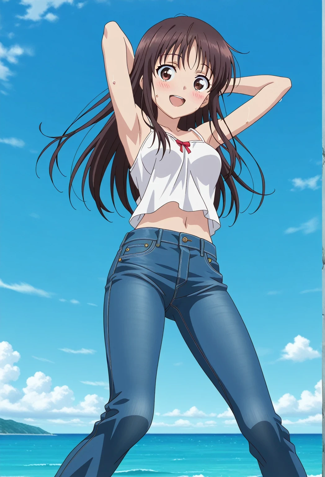 score_9, score_8_up, score_7_up, source_anime, highres, hi res, ((best quality, top quality, perfect quality, Highest Quality, amazing quality)), {{masterpiece}}, {{an extremely delicate and beautiful}}, 2d, intricate details, official style, anime, 8k, anime style, official_anime, official art, digital painting, cell shading, soft shading, high resolution, soothing tones, Subdued Color, Soft cinematic light, adobe lightroom, photolab, HDR, intricately and hyper-detailed, ((high quality animation)), 1 girl, Alone, solo, ((ocean)), tsunami, on the water, day, sunny, outdoors, sky, windy, Sei Takanashi, The Saint’s Magic Power Is Omnipotent, dark brown eyes, dark brown hair, long hair, anime screencap, medium breasts, white camisole top, crop top, white crop top, best quality, hyper-detailed jeans, ((blue jeans:1.9)), (dark blue jeans:0.6), full medium body, medium shot, Open mouth, smiling, happy face, blush, sweat, standing, ((arms behind head:6.0)), ((perfect arm line:2.5)), bowlegged, jumping pose, action, looking at viewer, spread legs, Bend knees slightly, straight-on front view