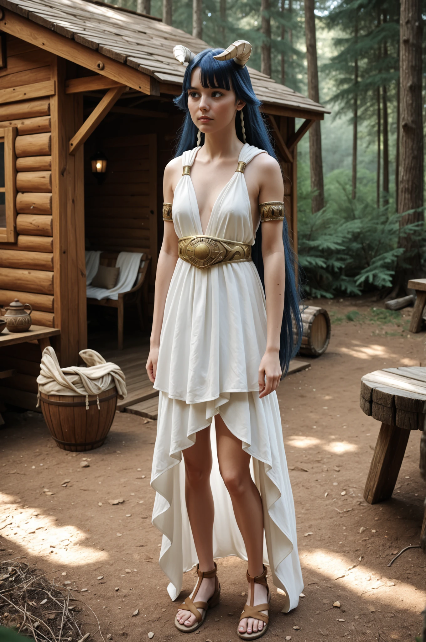 1girl, SaphirMaasa, 150cm, very long hair, blue hair, blue eyes, hair tubes, blunt bangs, horns, ancient Greek clothes, small breasts, sleeveless dress, white dress, sandals, belt, armlet, alone, standing outside a rustic cabin, forest outdoors, natural lighting, in full view in a highly detailed photorealistic style