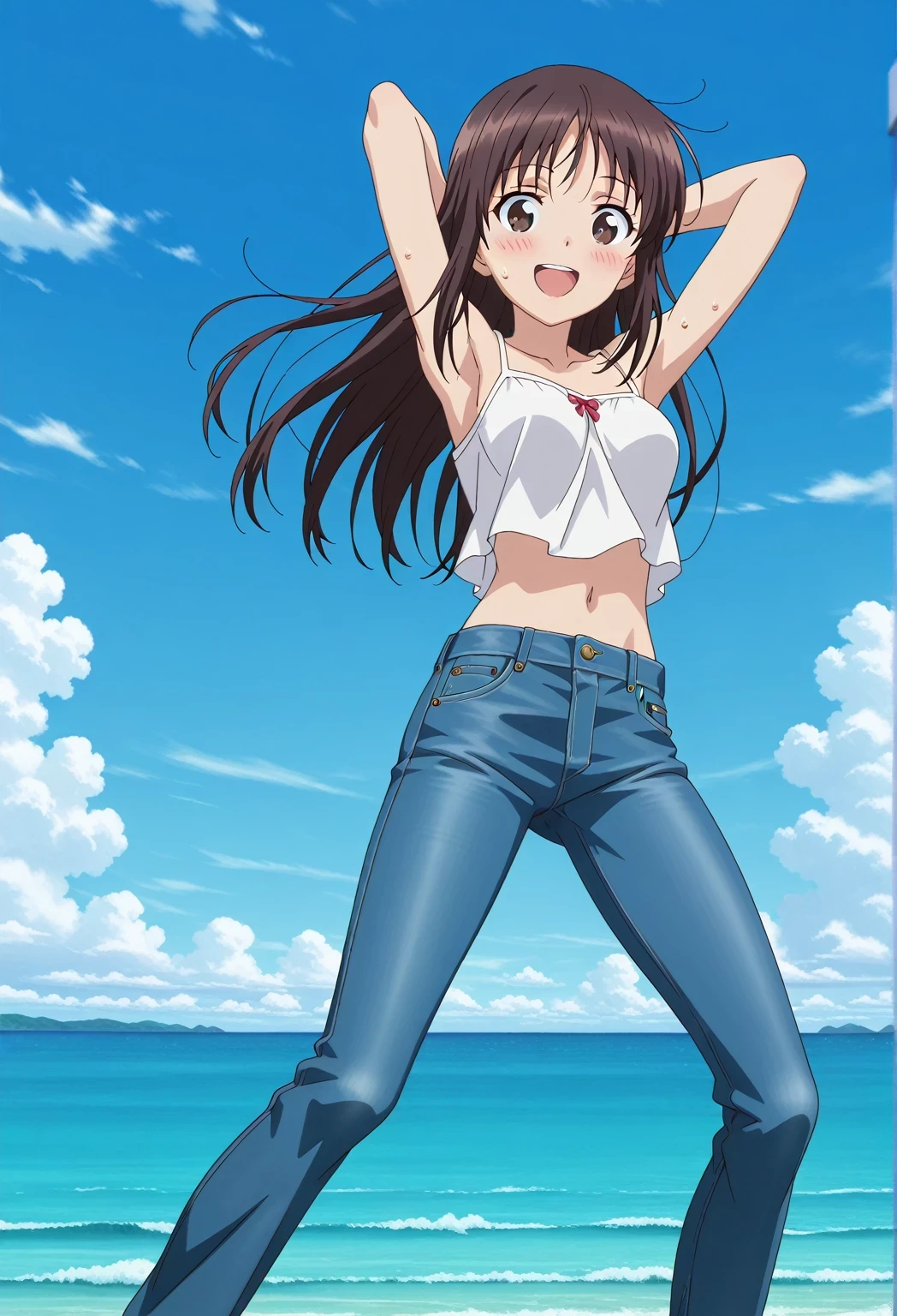 score_9, score_8_up, score_7_up, source_anime, highres, hi res, ((best quality, top quality, perfect quality, Highest Quality, amazing quality)), {{masterpiece}}, {{an extremely delicate and beautiful}}, 2d, intricate details, official style, anime, 8k, anime style, official_anime, official art, digital painting, cell shading, soft shading, high resolution, soothing tones, Subdued Color, Soft cinematic light, adobe lightroom, photolab, HDR, intricately and hyper-detailed, ((high quality animation)), 1 girl, Alone, solo, ((ocean)), tsunami, on the water, day, sunny, outdoors, sky, windy, Sei Takanashi, The Saint’s Magic Power Is Omnipotent, dark brown eyes, dark brown hair, long hair, anime screencap, medium breasts, white camisole top, crop top, white crop top, best quality, hyper-detailed jeans, ((blue jeans:1.9)), (dark blue jeans:0.6), full medium body, medium shot, Open mouth, smiling, happy face, blush, sweat, standing, ((arms behind head:6.0)), ((perfect arm line:2.5)), bowlegged, jumping pose, action, looking at viewer, spread legs, Bend knees slightly, straight-on front view