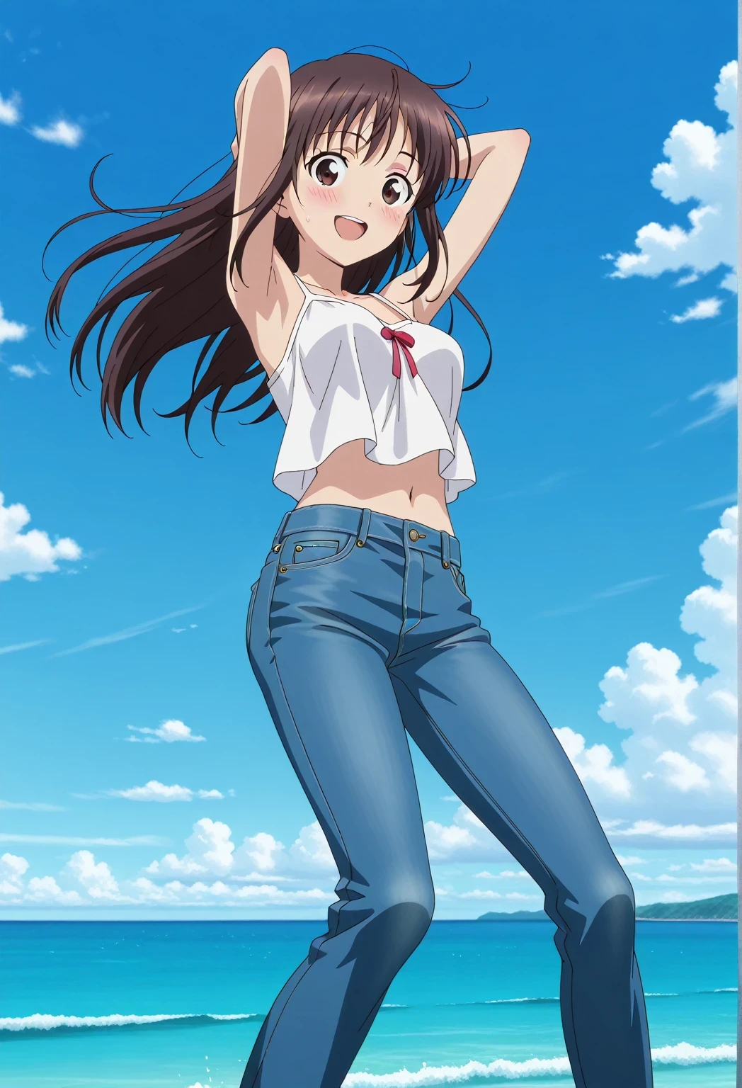 score_9, score_8_up, score_7_up, source_anime, highres, hi res, ((best quality, top quality, perfect quality, Highest Quality, amazing quality)), {{masterpiece}}, {{an extremely delicate and beautiful}}, 2d, intricate details, official style, anime, 8k, anime style, official_anime, official art, digital painting, cell shading, soft shading, high resolution, soothing tones, Subdued Color, Soft cinematic light, adobe lightroom, photolab, HDR, intricately and hyper-detailed, ((high quality animation)), 1 girl, Alone, solo, ((ocean)), tsunami, on the water, day, sunny, outdoors, sky, windy, Sei Takanashi, The Saint’s Magic Power Is Omnipotent, dark brown eyes, dark brown hair, long hair, anime screencap, medium breasts, white camisole top, crop top, white crop top, best quality, hyper-detailed jeans, ((blue jeans:1.9)), (dark blue jeans:0.6), full medium body, medium shot, Open mouth, smiling, happy face, blush, sweat, standing, ((arms behind head:6.0)), ((perfect arm line:2.5)), bowlegged, jumping pose, action, looking at viewer, spread legs, Bend knees slightly, straight-on front view