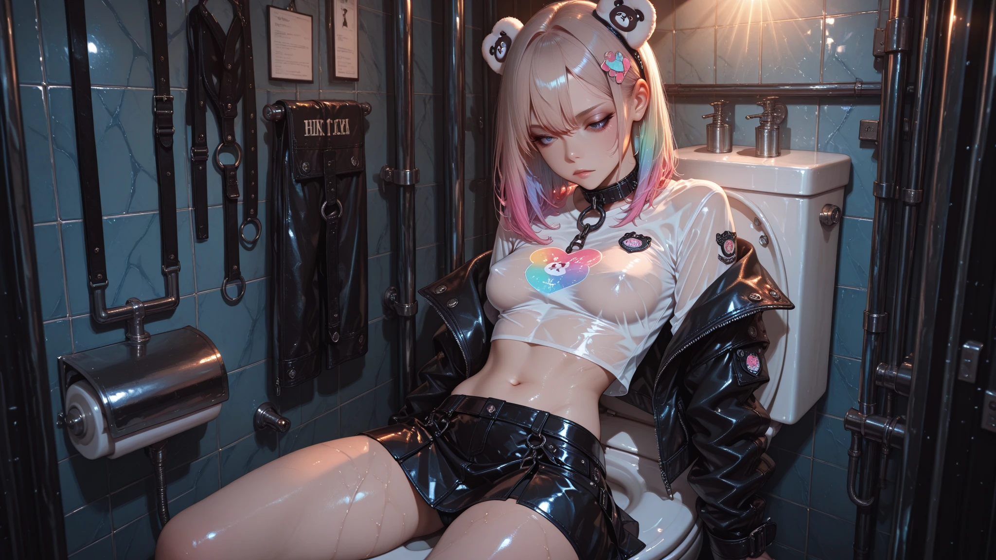  (((Very high saturation))):1.5, (((vivid color))):1.5, (((hyper photorealistic))):1.5, (((ultra detailed))):1.5, (((ultra detailed face))):1.5, (((ultra detailed eyes))):1.5, (((ultra detailed hair))):1.5, (((ultra detailed breasts))):1.5, (((ultra detailed nipples))):1.5, (((ultra detailed skin))):1.5, best quality, (masterpiece:1.2), (((high contrast))):1.4, ultra detailed, BREAK, (((NSFW))):1.5, (((ultra detailed))), (((hyper photorealistic))):1.5, 1 girl, 12 years ukrainian young girl, (((cutest baby face))):1.5, arms up, bangs, skin tightness extra thin latex bodysuit, see through breasts, camel toe, covered navel, cropped jacket, gloves, headphones, impossible tights, jacket, room, long hair, long sleeves, looking at the audience, lying down, small breasts, on the back, parted lips, pink tights, pink eyes, pink hair, fluffy sleeves, red jacket, shrug \(clothes\), skin tightness, solo, double tail, alice \(nikke\), (Masterpiece: 1.4), (Best Quality: 1.4), (Shiny Skin), Realistic, Open Legs, PussyBigDildoQuiron style, vaginal object insertion, pussy, dildo, sex toy, vaginal, anus, clitoris, large insertion, object insertion,