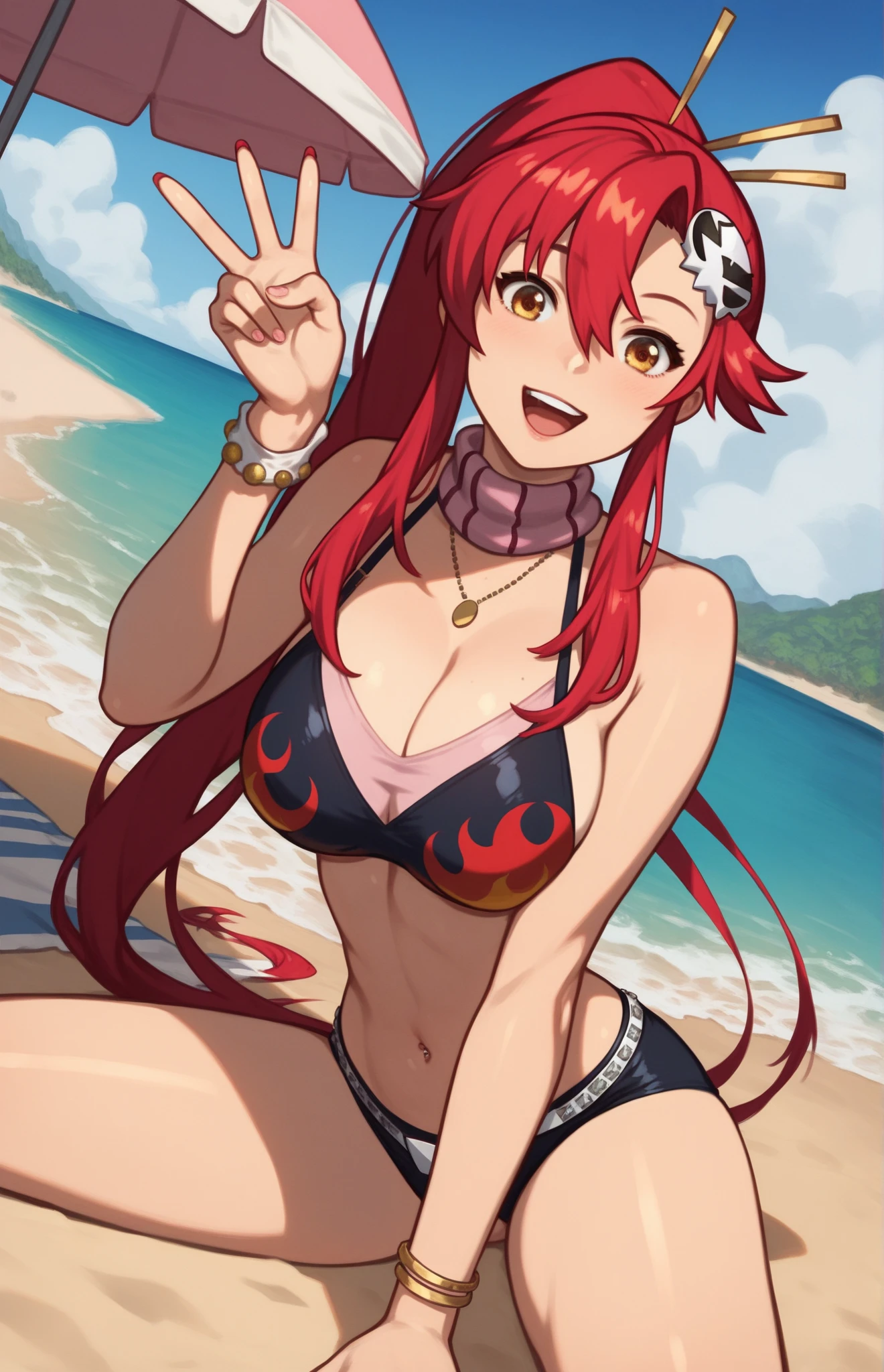 ((masterpiece,best quality,4k)), anime style, full color,Kobayashi_Rindou_Shokugeki, 1girl, solo, red hair, long hair, hair over one eye, yellow eyes, snake eyes, , wearing red , solo, smiling, looking at viewer, cowboy shot, beach background