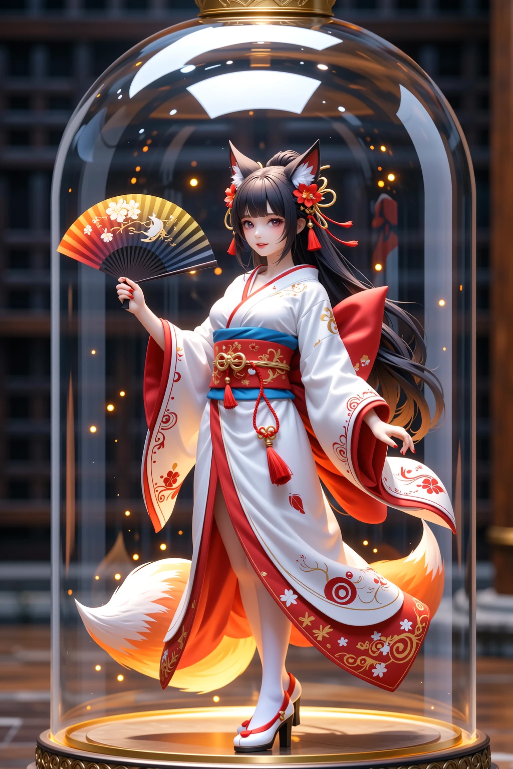 <lora:snow_globe:0.8>, snow_globe, in container,((masterpiece,best quality)), absurdres, ah1, facial mark, multiple tails, fox tails, korean clothes, cleavage,  shoulders, detached sleeves, <lora:ahri_v10:0.7>, outdoors, standing, cowboy shot, smile,