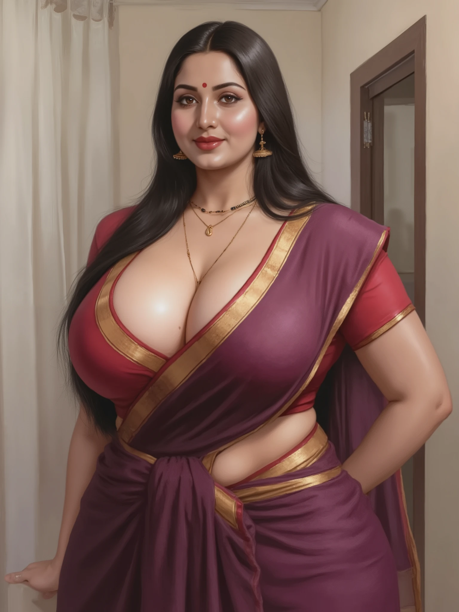 A classical painting of stunning Indian woman in her early 40s with a beautiful dusky glossy skin and voluptuous, curvy figure. She has a prime, plump, busty aunty body — a voluptuous hourglass figure with a very large bust, wide hips, soft curves. She is in a vibrant and engaging pose. She looks directly at the camera with a seductive smile and confident eyes

She is wearing a deep purple silk saree with a rich gold zari border. The saree is draped loosely over a perfectly fitted matching blouse with short sleeves, twin gold stripes, that displays her large, round breasts and plunging neckline, revealing a modest but prominent cleavage. Her bare midriff with navel is visible. She wears — a black-beaded mangalsutra, a long gold chain and a delicate gold nath (nose ring). Her very long, jet-black hair is styled in a traditional low bun with a few loose strands framing her face  and a small red bindi on her forehead. She wears deep red lipstick, dark kohl-lined eyes.  

The background of the image suggests an indoor setting, perhaps a home. On the left side of the frame, there are hints of what appears to be a light-colored curtain or fabric hanging vertically. The overall lighting seems soft and natural, illuminating her face and the intricate details of her attire. The photograph conveys a warm and inviting atmosphere, focusing on the woman's cheerful demeanor and traditional aesthetic, 3:4 aspect ratio