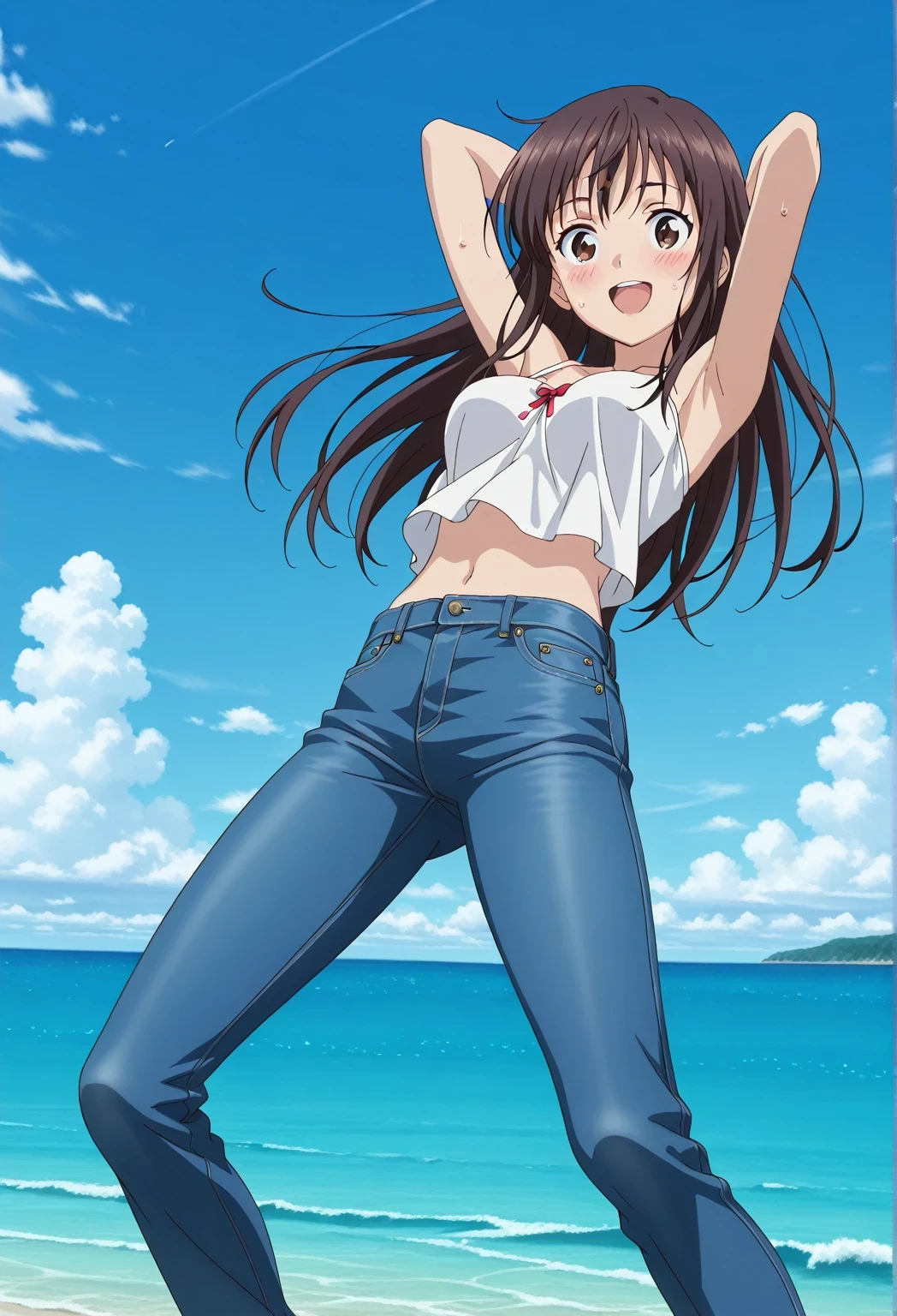score_9, score_8_up, score_7_up, source_anime, highres, hi res, ((best quality, top quality, perfect quality, Highest Quality, amazing quality)), {{masterpiece}}, {{an extremely delicate and beautiful}}, 2d, intricate details, official style, anime, 8k, anime style, official_anime, official art, digital painting, cell shading, soft shading, high resolution, soothing tones, Subdued Color, Soft cinematic light, adobe lightroom, photolab, HDR, intricately and hyper-detailed, ((high quality animation)), 1 girl, Alone, solo, ((ocean)), tsunami, on the water, day, sunny, outdoors, sky, windy, Sei Takanashi, The Saint’s Magic Power Is Omnipotent, dark brown eyes, dark brown hair, long hair, anime screencap, medium breasts, white camisole top, crop top, white crop top, best quality, hyper-detailed jeans, ((blue jeans:1.9)), (dark blue jeans:0.6), full medium body, medium shot, Open mouth, smiling, happy face, blush, sweat, standing, ((arms behind head:6.0)), ((perfect arm line:2.5)), bowlegged, jumping pose, action, looking at viewer, spread legs, Bend knees slightly, straight-on front view