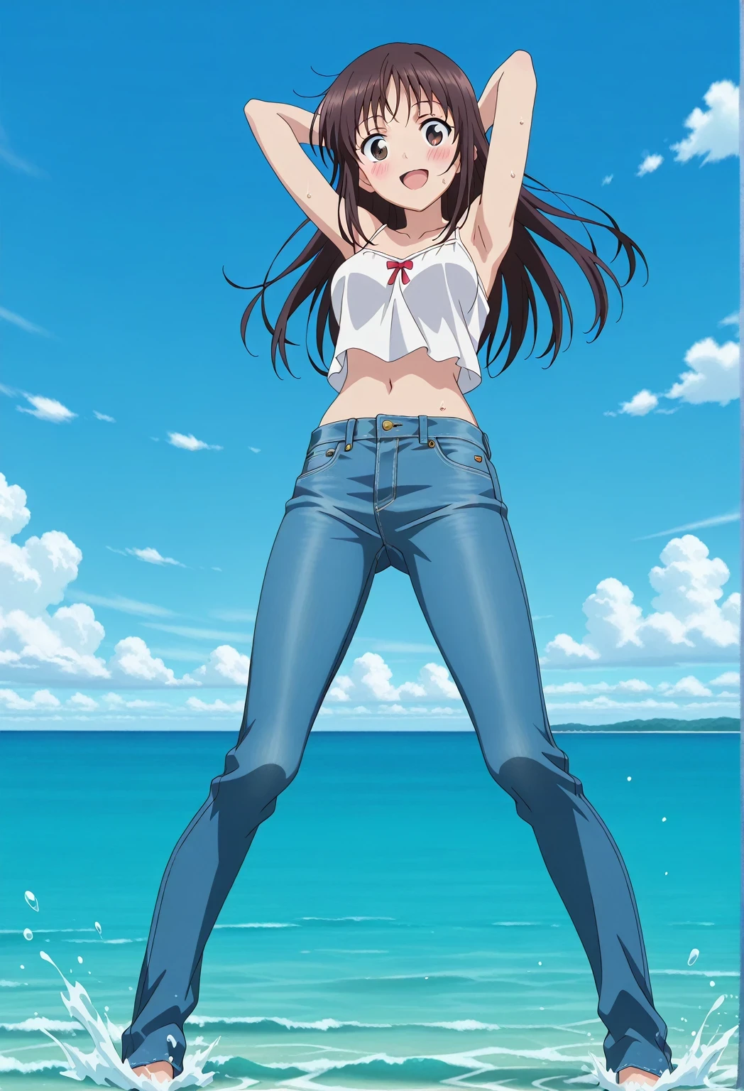 score_9, score_8_up, score_7_up, source_anime, highres, hi res, ((best quality, top quality, perfect quality, Highest Quality, amazing quality)), {{masterpiece}}, {{an extremely delicate and beautiful}}, 2d, intricate details, official style, anime, 8k, anime style, official_anime, official art, digital painting, cell shading, soft shading, high resolution, soothing tones, Subdued Color, Soft cinematic light, adobe lightroom, photolab, HDR, intricately and hyper-detailed, ((high quality animation)), 1 girl, Alone, solo, ((ocean)), tsunami, on the water, day, sunny, outdoors, sky, windy, Sei Takanashi, The Saint’s Magic Power Is Omnipotent, dark brown eyes, dark brown hair, long hair, anime screencap, medium breasts, white camisole top, crop top, white crop top, best quality, hyper-detailed jeans, ((blue jeans:1.9)), (dark blue jeans:0.6), full medium body, medium shot, Open mouth, smiling, happy face, blush, sweat, standing, ((arms behind head:6.0)), ((perfect arm line:2.5)), bowlegged, jumping pose, action, looking at viewer, spread legs, Bend knees slightly, straight-on front view