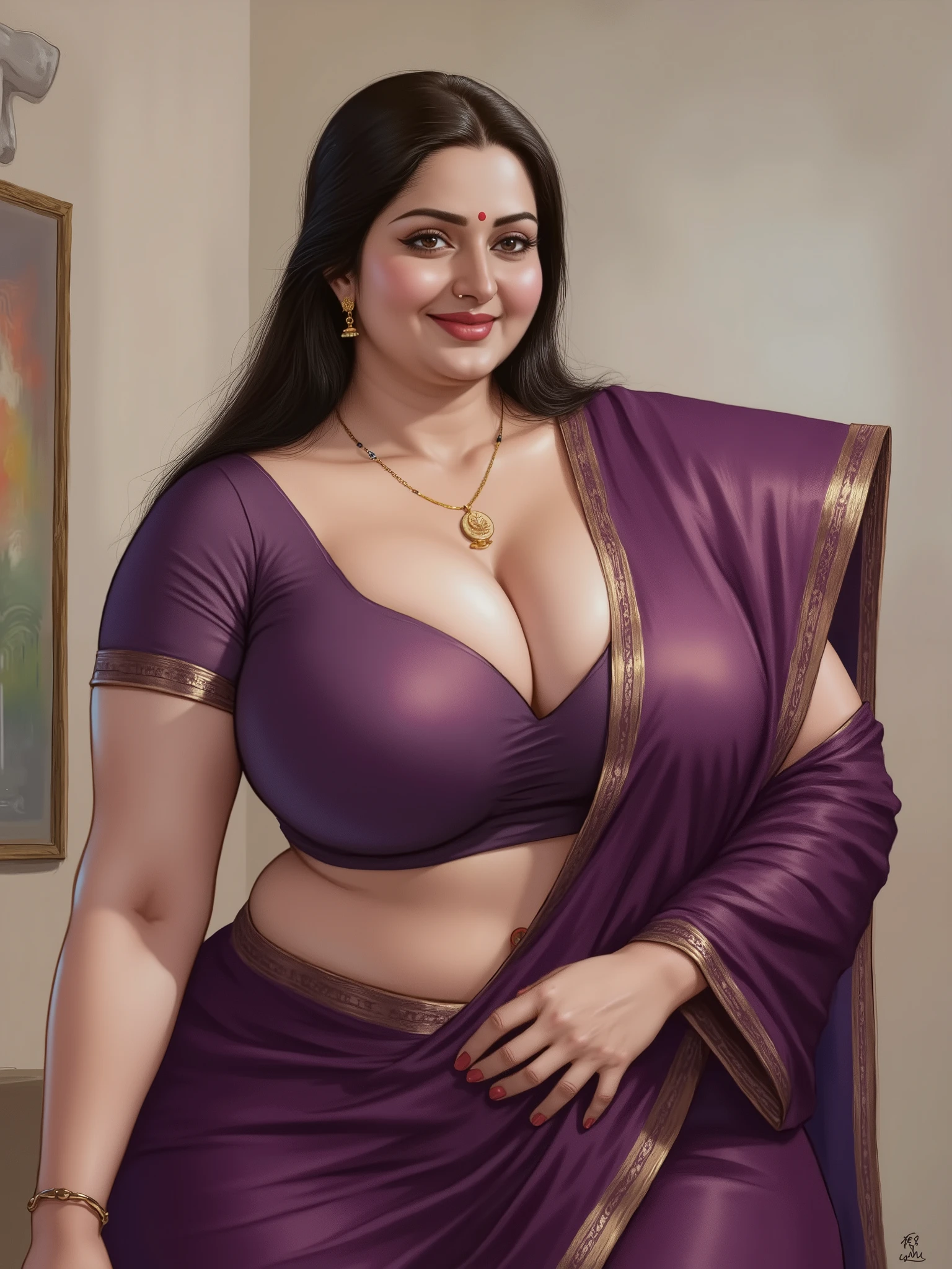 A classical painting of stunning Indian woman in her early 40s with a beautiful dusky glossy skin and voluptuous, curvy figure. She has a prime, plump, busty aunty body — a voluptuous hourglass figure with a very large bust, wide hips, soft curves. She is in a vibrant and engaging pose. She looks directly at the camera with a seductive smile and confident eyes
She is wearing a deep purple silk saree with a rich gold zari border. The saree is draped loosely over a perfectly fitted matching blouse with short sleeves, twin gold stripes, that displays her large, round breasts and plunging neckline, revealing a modest but prominent cleavage. Her bare midriff with navel is visible. She wears — a black-beaded mangalsutra, a long gold chain and a delicate gold nath (nose ring). Her very long, jet-black hair is styled in a traditional low bun with a few loose strands framing her face and a small red bindi on her forehead. She wears deep red lipstick, dark kohl-lined eyes.
The background of the image suggests an indoor setting, perhaps a home. On the left side of the frame, there are hints of what appears to be a light-colored curtain or fabric hanging vertically. The overall lighting seems soft and natural, illuminating her face and the intricate details of her attire. The photograph conveys a warm and inviting atmosphere, focusing on the woman's cheerful demeanor and traditional aesthetic, 3:4 aspect ratio