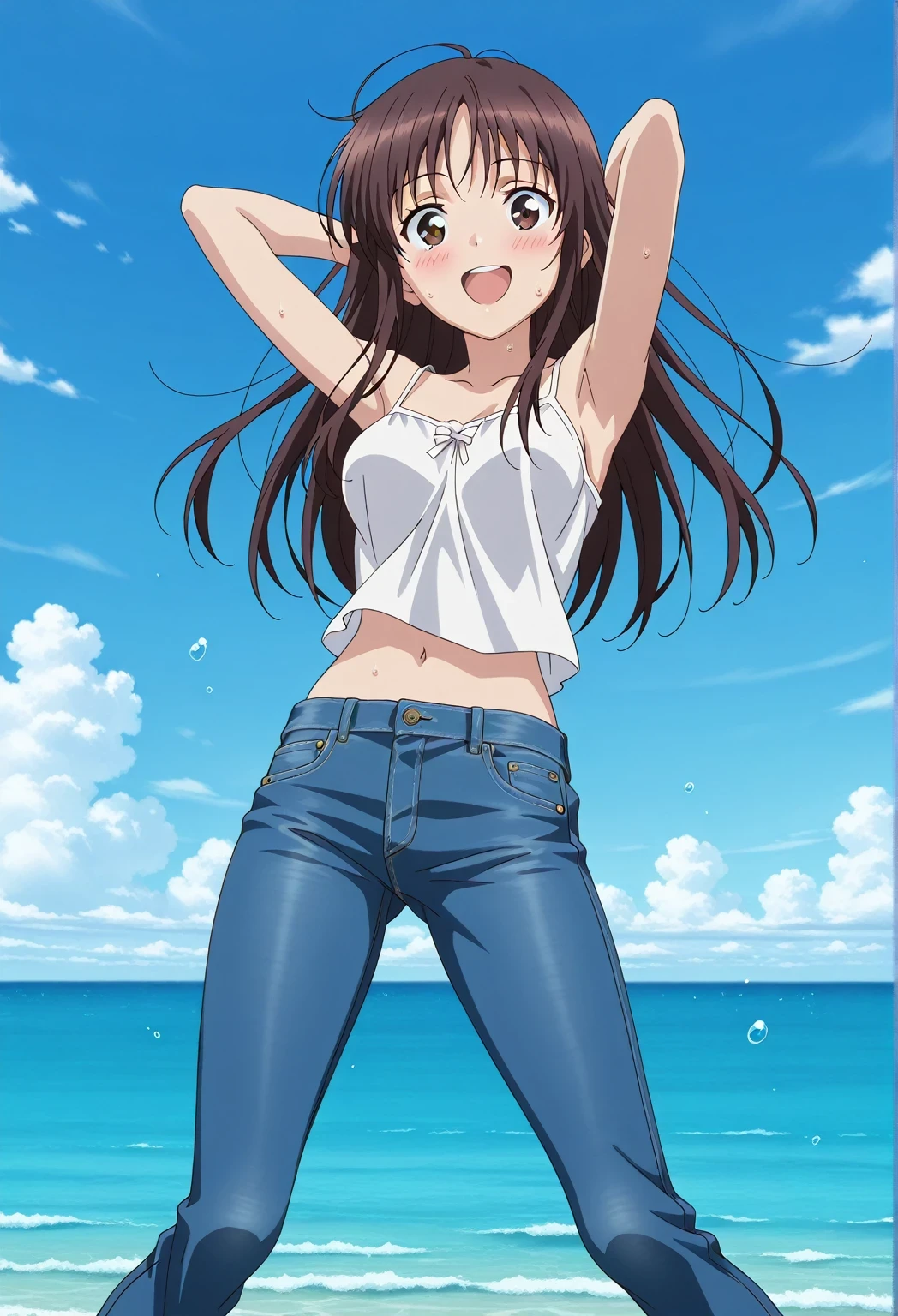 score_9, score_8_up, score_7_up, source_anime, highres, hi res, ((best quality, top quality, perfect quality, Highest Quality, amazing quality)), {{masterpiece}}, {{an extremely delicate and beautiful}}, 2d, intricate details, official style, anime, 8k, anime style, official_anime, official art, digital painting, cell shading, soft shading, high resolution, soothing tones, Subdued Color, Soft cinematic light, adobe lightroom, photolab, HDR, intricately and hyper-detailed, ((high quality animation)), 1 girl, Alone, solo, ((ocean)), tsunami, on the water, day, sunny, outdoors, sky, windy, Sei Takanashi, The Saint’s Magic Power Is Omnipotent, dark brown eyes, dark brown hair, long hair, anime screencap, medium breasts, white camisole top, crop top, white crop top, best quality, hyper-detailed jeans, ((blue jeans:1.9)), (dark blue jeans:0.6), full medium body, medium shot, Open mouth, smiling, happy face, blush, sweat, standing, ((arms behind head:6.0)), ((perfect arm line:2.5)), bowlegged, jumping pose, action, looking at viewer, spread legs, Bend knees slightly, straight-on front view