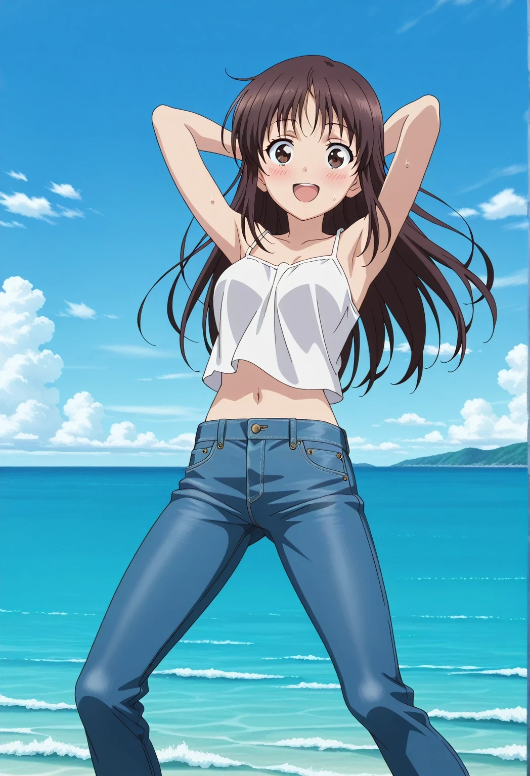 score_9, score_8_up, score_7_up, source_anime, highres, hi res, ((best quality, top quality, perfect quality, Highest Quality, amazing quality)), {{masterpiece}}, {{an extremely delicate and beautiful}}, 2d, intricate details, official style, anime, 8k, anime style, official_anime, official art, digital painting, cell shading, soft shading, high resolution, soothing tones, Subdued Color, Soft cinematic light, adobe lightroom, photolab, HDR, intricately and hyper-detailed, ((high quality animation)), 1 girl, Alone, solo, ((ocean)), tsunami, on the water, day, sunny, outdoors, sky, windy, Sei Takanashi, The Saint’s Magic Power Is Omnipotent, dark brown eyes, dark brown hair, long hair, anime screencap, medium breasts, white camisole top, crop top, white crop top, best quality, hyper-detailed jeans, ((blue jeans:1.9)), (dark blue jeans:0.6), full medium body, medium shot, Open mouth, smiling, happy face, blush, sweat, standing, ((arms behind head:6.0)), ((perfect arm line:2.5)), bowlegged, jumping pose, action, looking at viewer, spread legs, Bend knees slightly, straight-on front view