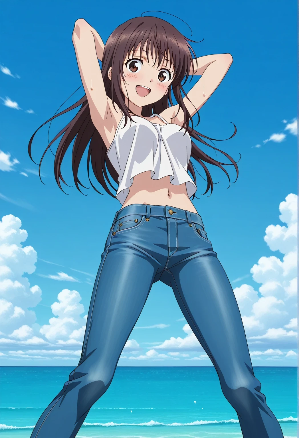 score_9, score_8_up, score_7_up, source_anime, highres, hi res, ((best quality, top quality, perfect quality, Highest Quality, amazing quality)), {{masterpiece}}, {{an extremely delicate and beautiful}}, 2d, intricate details, official style, anime, 8k, anime style, official_anime, official art, digital painting, cell shading, soft shading, high resolution, soothing tones, Subdued Color, Soft cinematic light, adobe lightroom, photolab, HDR, intricately and hyper-detailed, ((high quality animation)), 1 girl, Alone, solo, ((ocean)), tsunami, on the water, day, sunny, outdoors, sky, windy, Sei Takanashi, The Saint’s Magic Power Is Omnipotent, dark brown eyes, dark brown hair, long hair, anime screencap, medium breasts, white camisole top, crop top, white crop top, best quality, hyper-detailed jeans, ((blue jeans:1.9)), (dark blue jeans:0.6), full medium body, medium shot, Open mouth, smiling, happy face, blush, sweat, standing, ((arms behind head:6.0)), ((perfect arm line:2.5)), bowlegged, jumping pose, action, looking at viewer, spread legs, Bend knees slightly, straight-on front view