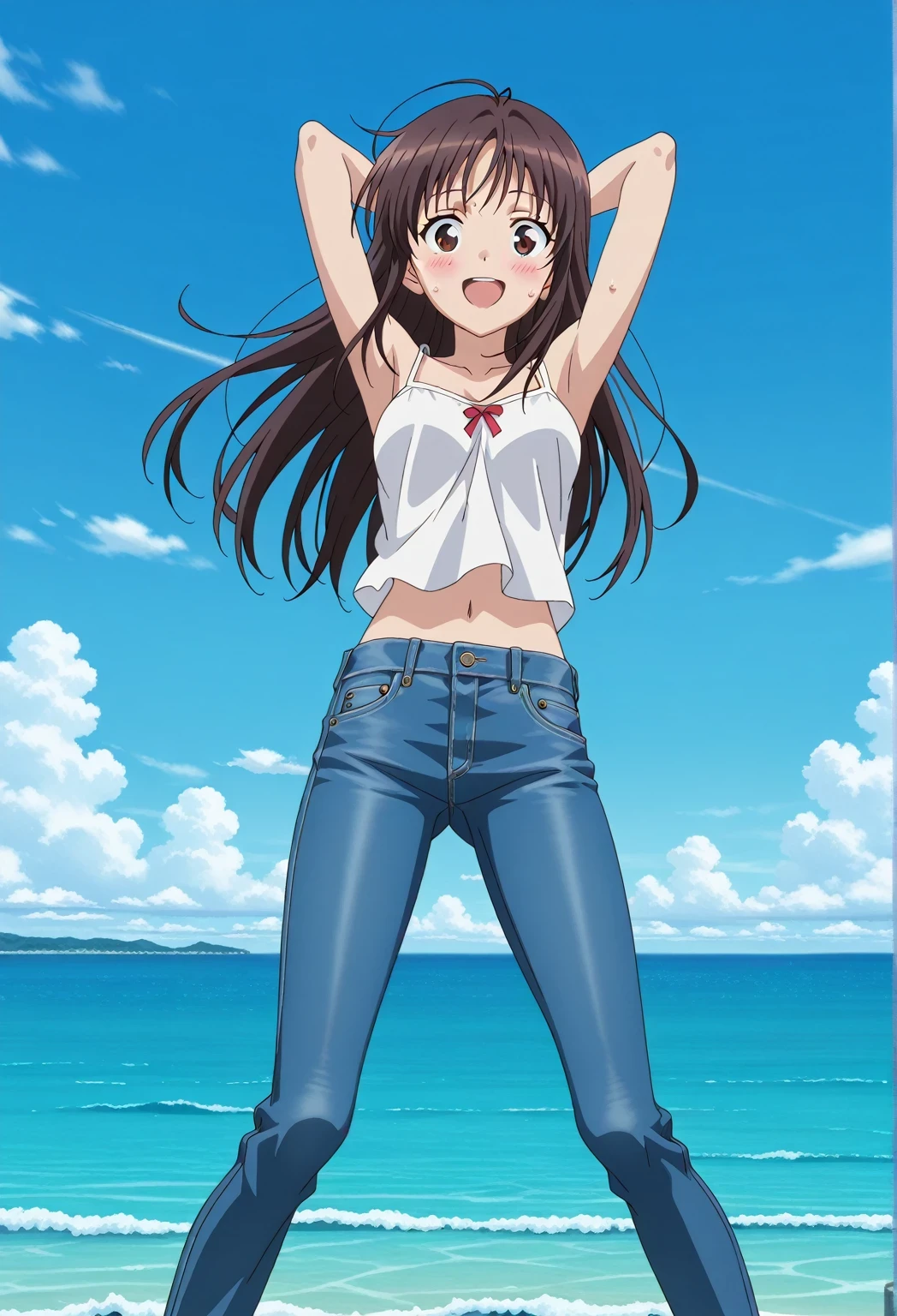 score_9, score_8_up, score_7_up, source_anime, highres, hi res, ((best quality, top quality, perfect quality, Highest Quality, amazing quality)), {{masterpiece}}, {{an extremely delicate and beautiful}}, 2d, intricate details, official style, anime, 8k, anime style, official_anime, official art, digital painting, cell shading, soft shading, high resolution, soothing tones, Subdued Color, Soft cinematic light, adobe lightroom, photolab, HDR, intricately and hyper-detailed, ((high quality animation)), 1 girl, Alone, solo, ((ocean)), tsunami, on the water, day, sunny, outdoors, sky, windy, Sei Takanashi, The Saint’s Magic Power Is Omnipotent, dark brown eyes, dark brown hair, long hair, anime screencap, medium breasts, white camisole top, crop top, white crop top, best quality, hyper-detailed jeans, ((blue jeans:1.9)), (dark blue jeans:0.6), full medium body, medium shot, Open mouth, smiling, happy face, blush, sweat, standing, ((arms behind head:6.0)), ((perfect arm line:2.5)), bowlegged, jumping pose, action, looking at viewer, spread legs, Bend knees slightly, straight-on front view