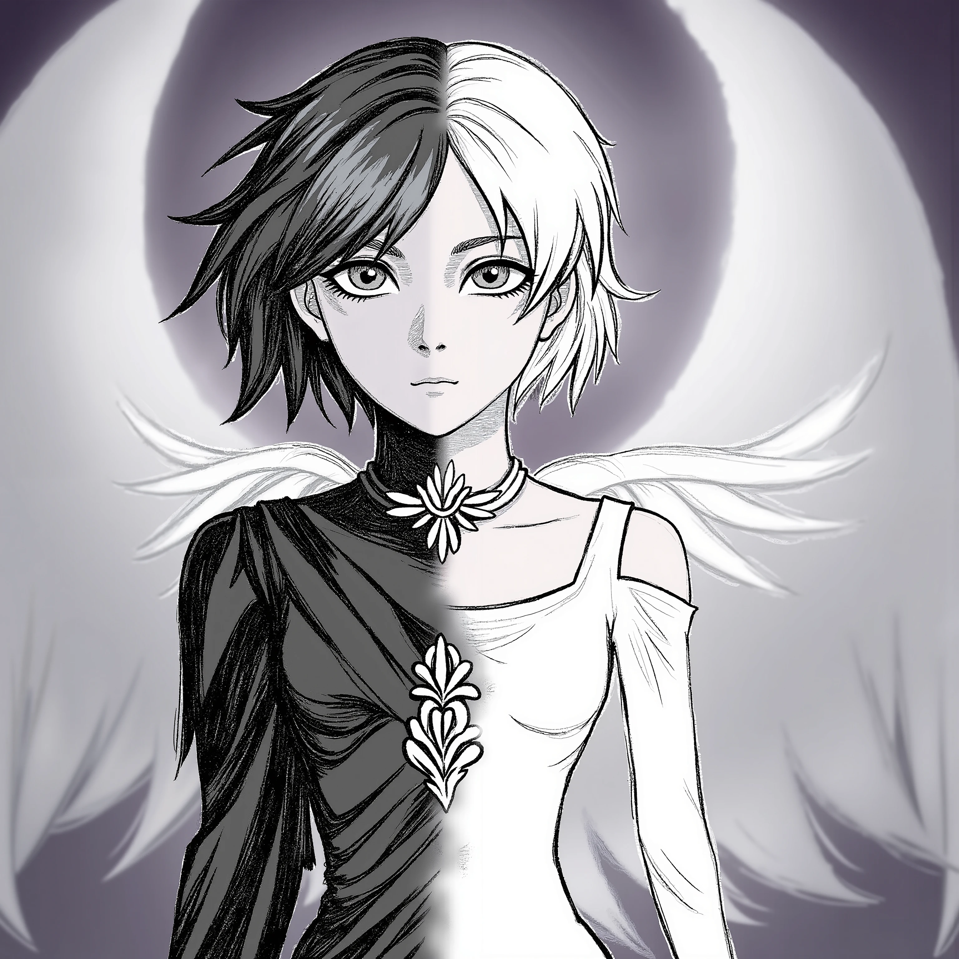 An angel with half a black body (Black hair,  eyes black,  black clothes )And the other half white (white hair, gray eyes, white clothing)