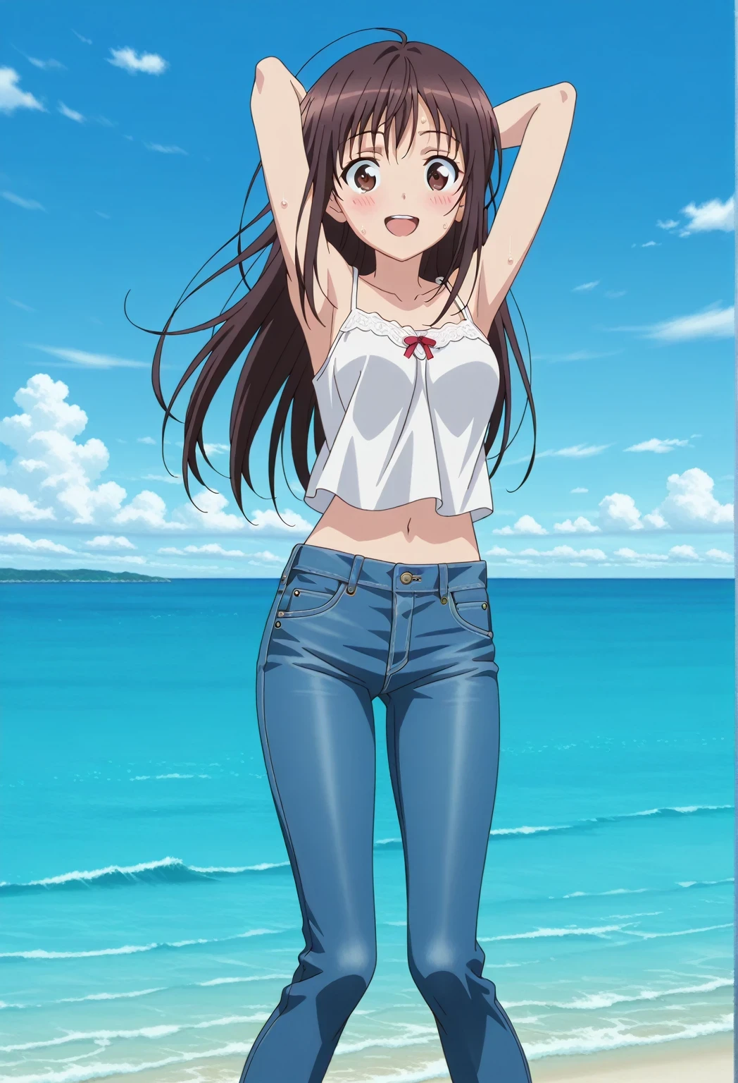 score_9, score_8_up, score_7_up, source_anime, highres, hi res, ((best quality, top quality, perfect quality, Highest Quality, amazing quality)), {{masterpiece}}, {{an extremely delicate and beautiful}}, 2d, intricate details, official style, anime, 8k, anime style, official_anime, official art, digital painting, cell shading, soft shading, high resolution, soothing tones, Subdued Color, Soft cinematic light, adobe lightroom, photolab, HDR, intricately and hyper-detailed, ((high quality animation)), 1 girl, Alone, solo, ((ocean)), tsunami, on the water, day, sunny, outdoors, sky, windy, Sei Takanashi, The Saint’s Magic Power Is Omnipotent, dark brown eyes, dark brown hair, long hair, anime screencap, medium breasts, white camisole top, crop top, white crop top, best quality, hyper-detailed jeans, ((blue jeans:1.9)), (dark blue jeans:0.6), full medium body, medium shot, Open mouth, smiling, happy face, blush, sweat, standing, ((arms behind head:6.0)), ((perfect arm line:2.5)), bowlegged, jumping pose, action, looking at viewer, spread legs, Bend knees slightly, straight-on front view