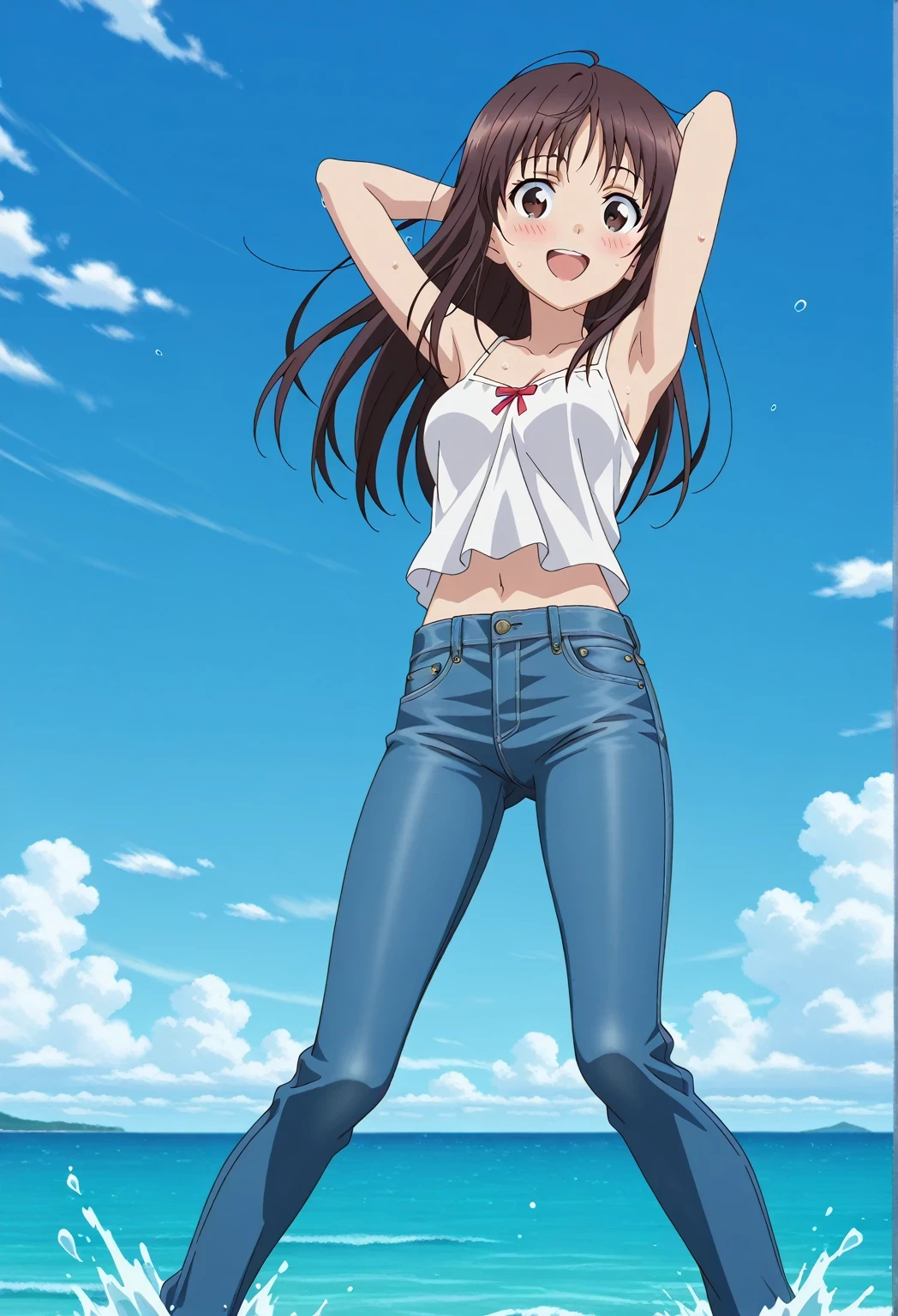 score_9, score_8_up, score_7_up, source_anime, highres, hi res, ((best quality, top quality, perfect quality, Highest Quality, amazing quality)), {{masterpiece}}, {{an extremely delicate and beautiful}}, 2d, intricate details, official style, anime, 8k, anime style, official_anime, official art, digital painting, cell shading, soft shading, high resolution, soothing tones, Subdued Color, Soft cinematic light, adobe lightroom, photolab, HDR, intricately and hyper-detailed, ((high quality animation)), 1 girl, Alone, solo, ((ocean)), tsunami, on the water, day, sunny, outdoors, sky, windy, Sei Takanashi, The Saint’s Magic Power Is Omnipotent, dark brown eyes, dark brown hair, long hair, anime screencap, medium breasts, white camisole top, crop top, white crop top, best quality, hyper-detailed jeans, ((blue jeans:1.9)), (dark blue jeans:0.6), full medium body, medium shot, Open mouth, smiling, happy face, blush, sweat, standing, ((arms behind head:6.0)), ((perfect arm line:2.5)), bowlegged, jumping pose, action, looking at viewer, spread legs, Bend knees slightly, straight-on front view