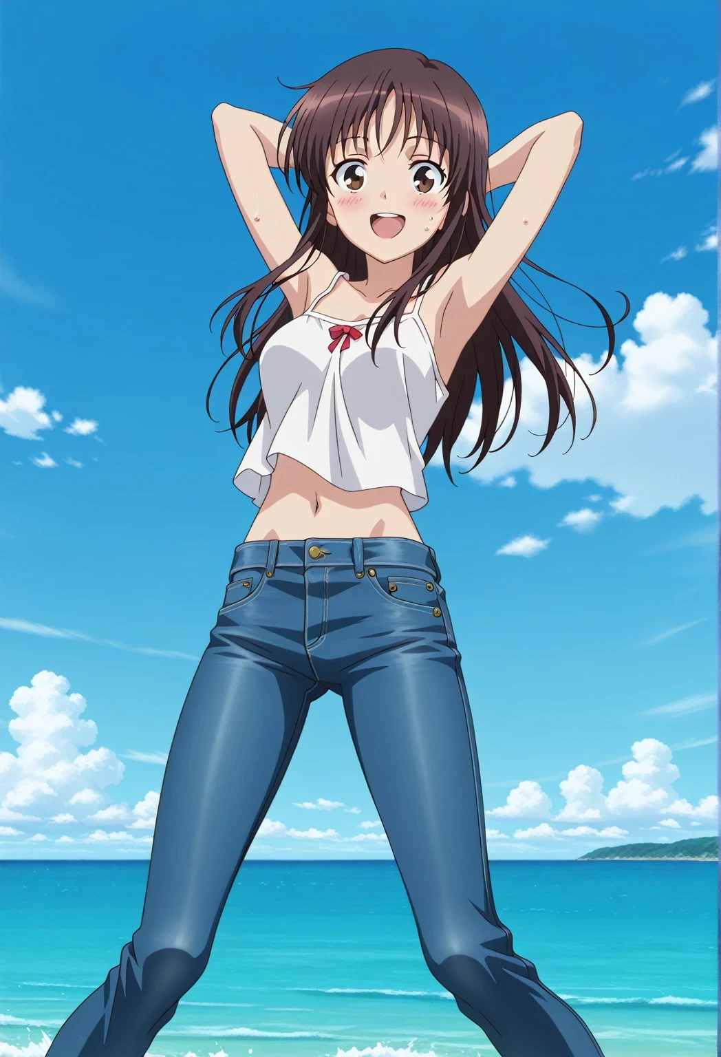 score_9, score_8_up, score_7_up, source_anime, highres, hi res, ((best quality, top quality, perfect quality, Highest Quality, amazing quality)), {{masterpiece}}, {{an extremely delicate and beautiful}}, 2d, intricate details, official style, anime, 8k, anime style, official_anime, official art, digital painting, cell shading, soft shading, high resolution, soothing tones, Subdued Color, Soft cinematic light, adobe lightroom, photolab, HDR, intricately and hyper-detailed, ((high quality animation)), 1 girl, Alone, solo, ((ocean)), tsunami, on the water, day, sunny, outdoors, sky, windy, Sei Takanashi, The Saint’s Magic Power Is Omnipotent, dark brown eyes, dark brown hair, long hair, anime screencap, medium breasts, white camisole top, crop top, white crop top, best quality, hyper-detailed jeans, ((blue jeans:1.9)), (dark blue jeans:0.6), full medium body, medium shot, Open mouth, smiling, happy face, blush, sweat, standing, ((arms behind head:6.0)), ((perfect arm line:2.5)), bowlegged, jumping pose, action, looking at viewer, spread legs, Bend knees slightly, straight-on front view