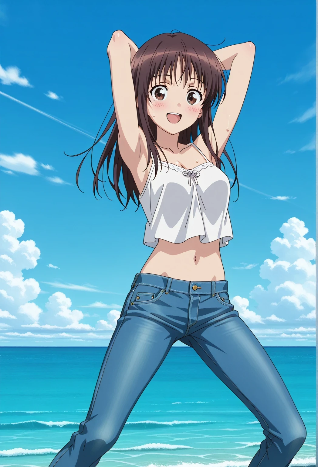 score_9, score_8_up, score_7_up, source_anime, highres, hi res, ((best quality, top quality, perfect quality, Highest Quality, amazing quality)), {{masterpiece}}, {{an extremely delicate and beautiful}}, 2d, intricate details, official style, anime, 8k, anime style, official_anime, official art, digital painting, cell shading, soft shading, high resolution, soothing tones, Subdued Color, Soft cinematic light, adobe lightroom, photolab, HDR, intricately and hyper-detailed, ((high quality animation)), 1 girl, Alone, solo, ((ocean)), tsunami, on the water, day, sunny, outdoors, sky, windy, Sei Takanashi, The Saint’s Magic Power Is Omnipotent, dark brown eyes, dark brown hair, long hair, anime screencap, medium breasts, white camisole top, crop top, white crop top, best quality, hyper-detailed jeans, ((blue jeans:1.9)), (dark blue jeans:0.6), full medium body, medium shot, Open mouth, smiling, happy face, blush, sweat, standing, ((arms behind head:6.0)), ((perfect arm line:2.5)), bowlegged, jumping pose, action, looking at viewer, spread legs, Bend knees slightly, straight-on front view