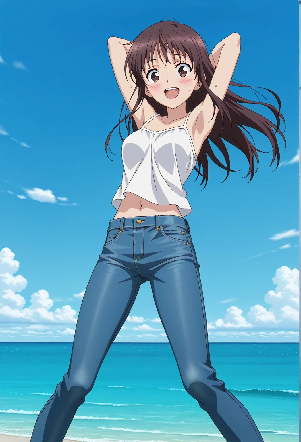 score_9, score_8_up, score_7_up, source_anime, highres, hi res, ((best quality, top quality, perfect quality, Highest Quality, amazing quality)), {{masterpiece}}, {{an extremely delicate and beautiful}}, 2d, intricate details, official style, anime, 8k, anime style, official_anime, official art, digital painting, cell shading, soft shading, high resolution, soothing tones, Subdued Color, Soft cinematic light, adobe lightroom, photolab, HDR, intricately and hyper-detailed, ((high quality animation)), 1 girl, Alone, solo, ((ocean)), tsunami, on the water, day, sunny, outdoors, sky, windy, Sei Takanashi, The Saint’s Magic Power Is Omnipotent, dark brown eyes, dark brown hair, long hair, anime screencap, medium breasts, white camisole top, crop top, white crop top, best quality, hyper-detailed jeans, ((blue jeans:1.9)), (dark blue jeans:0.6), full medium body, medium shot, Open mouth, smiling, happy face, blush, sweat, standing, ((arms behind head:6.0)), ((perfect arm line:2.5)), bowlegged, jumping pose, action, looking at viewer, spread legs, Bend knees slightly, straight-on front view