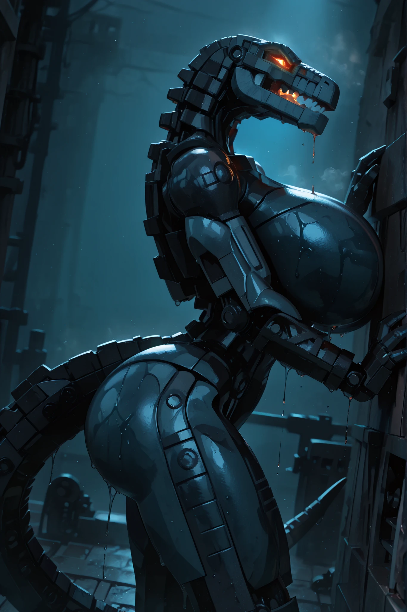 748cmstyle, l3g0, masterpiece, best quality, amazing quality, very aesthetic, high resolution, highly detailed, high quality, score_9, score_8_up, score_7_up , solo, muscular, roodaka, bionicle, anthro, dinosaur, lidded eyes, annoyed, glowing eyes, seductive pose, narrow waist, plastic body, oiled body, standing, gigantic breasts, gigantic thighs, massive ass, sweaty, dripping, tail, side view, arched back, cinematic angle, cinematic lighting