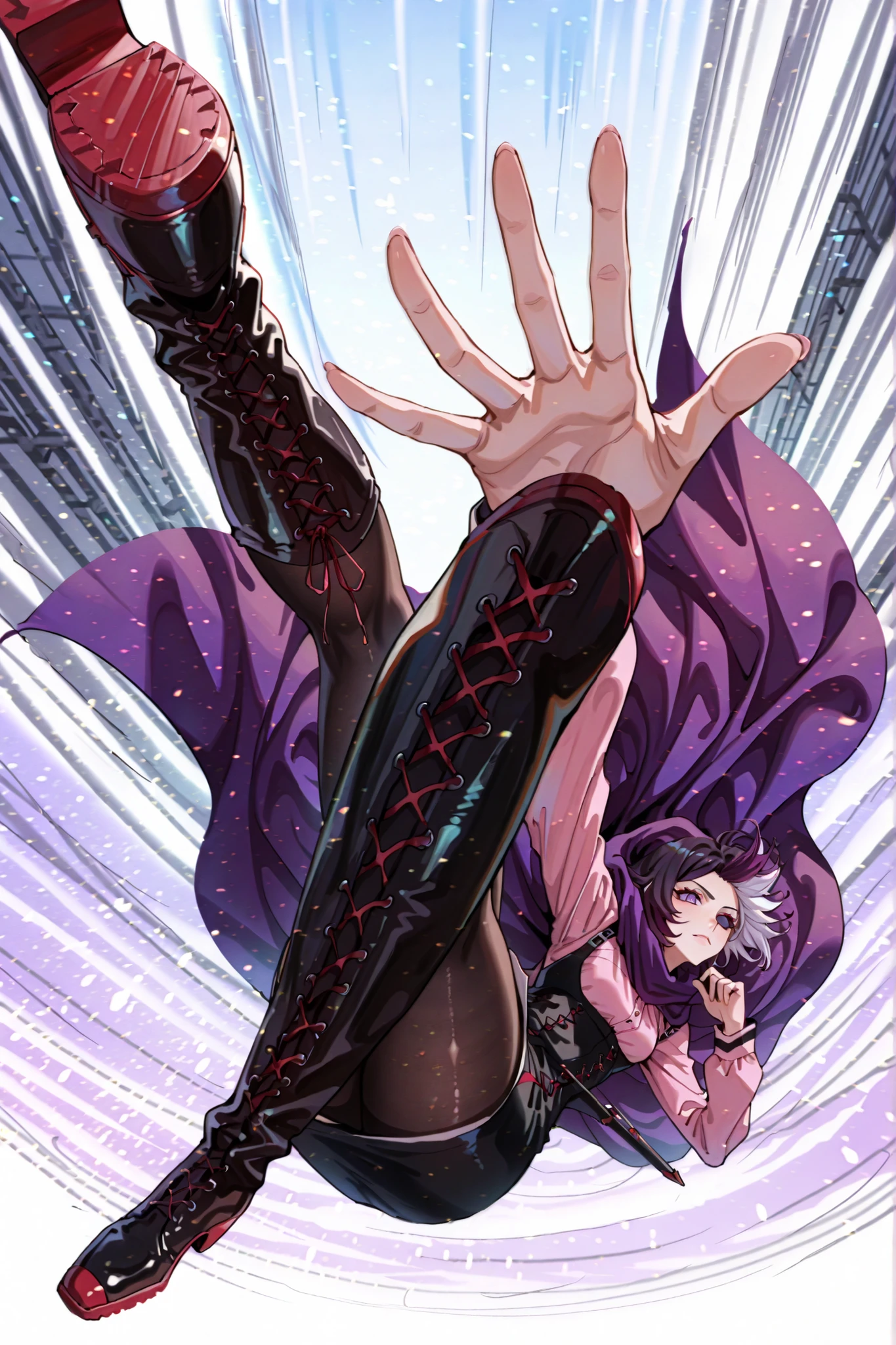 dynamic pose, foreshortening, extreme perspective,RubyR0se, 1girl, violet hair, white hair, two tone hair, purple eyes, dark blue sclera, SlayerOutfit, black corset, dark pink shirt, black pantyhose, boots, purple cape