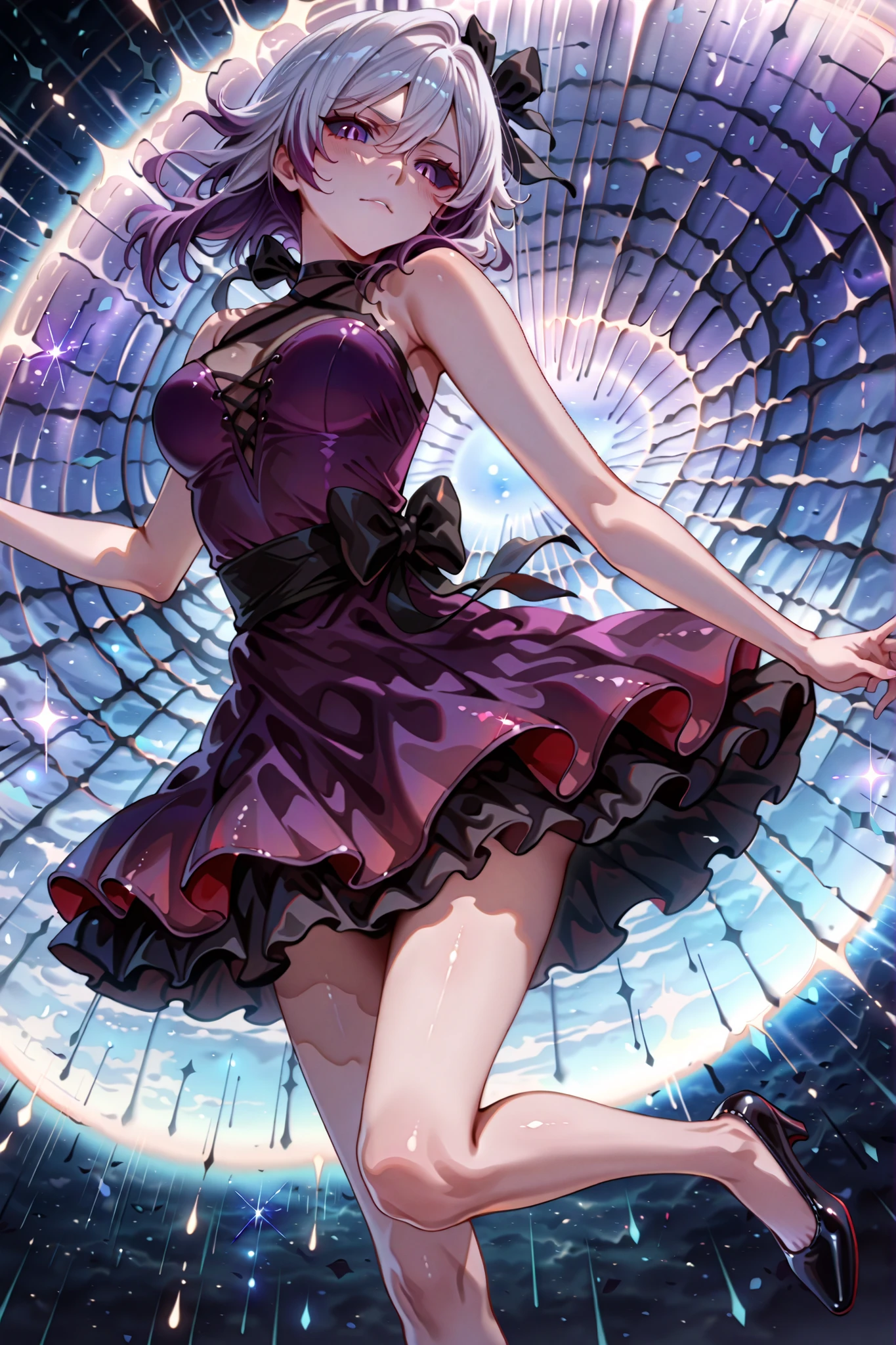 RubyR0se, 1girl, violet hair, white hair, two tone hair, purple eyes, dark blue sclera, DanceDress, purple sleeveless dress, bare shoulders, black shoes, black ribbon
