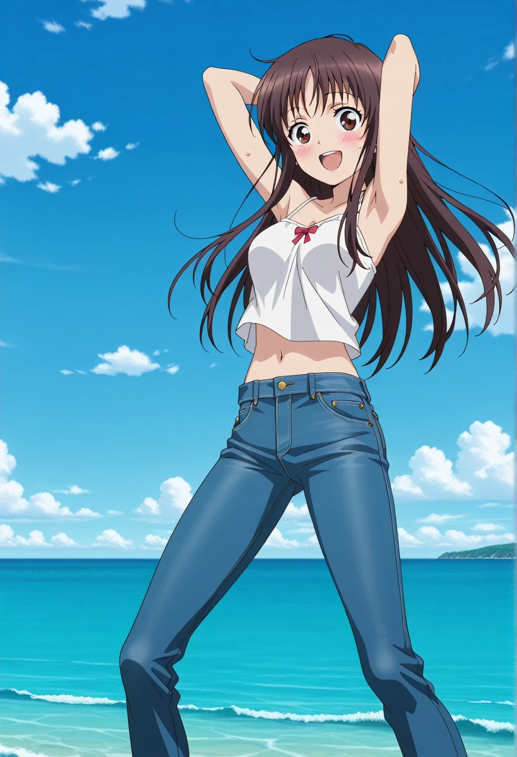score_9, score_8_up, score_7_up, source_anime, highres, hi res, ((best quality, top quality, perfect quality, Highest Quality, amazing quality)), {{masterpiece}}, {{an extremely delicate and beautiful}}, 2d, intricate details, official style, anime, 8k, anime style, official_anime, official art, digital painting, cell shading, soft shading, high resolution, soothing tones, Subdued Color, Soft cinematic light, adobe lightroom, photolab, HDR, intricately and hyper-detailed, ((high quality animation)), 1 girl, Alone, solo, ((ocean)), tsunami, on the water, day, sunny, outdoors, sky, windy, Sei Takanashi, The Saint’s Magic Power Is Omnipotent, dark brown eyes, dark brown hair, long hair, anime screencap, medium breasts, white camisole top, crop top, white crop top, best quality, hyper-detailed jeans, ((blue jeans:1.9)), (dark blue jeans:0.6), full medium body, medium shot, Open mouth, smiling, happy face, blush, sweat, standing, ((arms behind head:6.0)), ((perfect arm line:2.5)), bowlegged, jumping pose, action, looking at viewer, spread legs, Bend knees slightly, straight-on front view