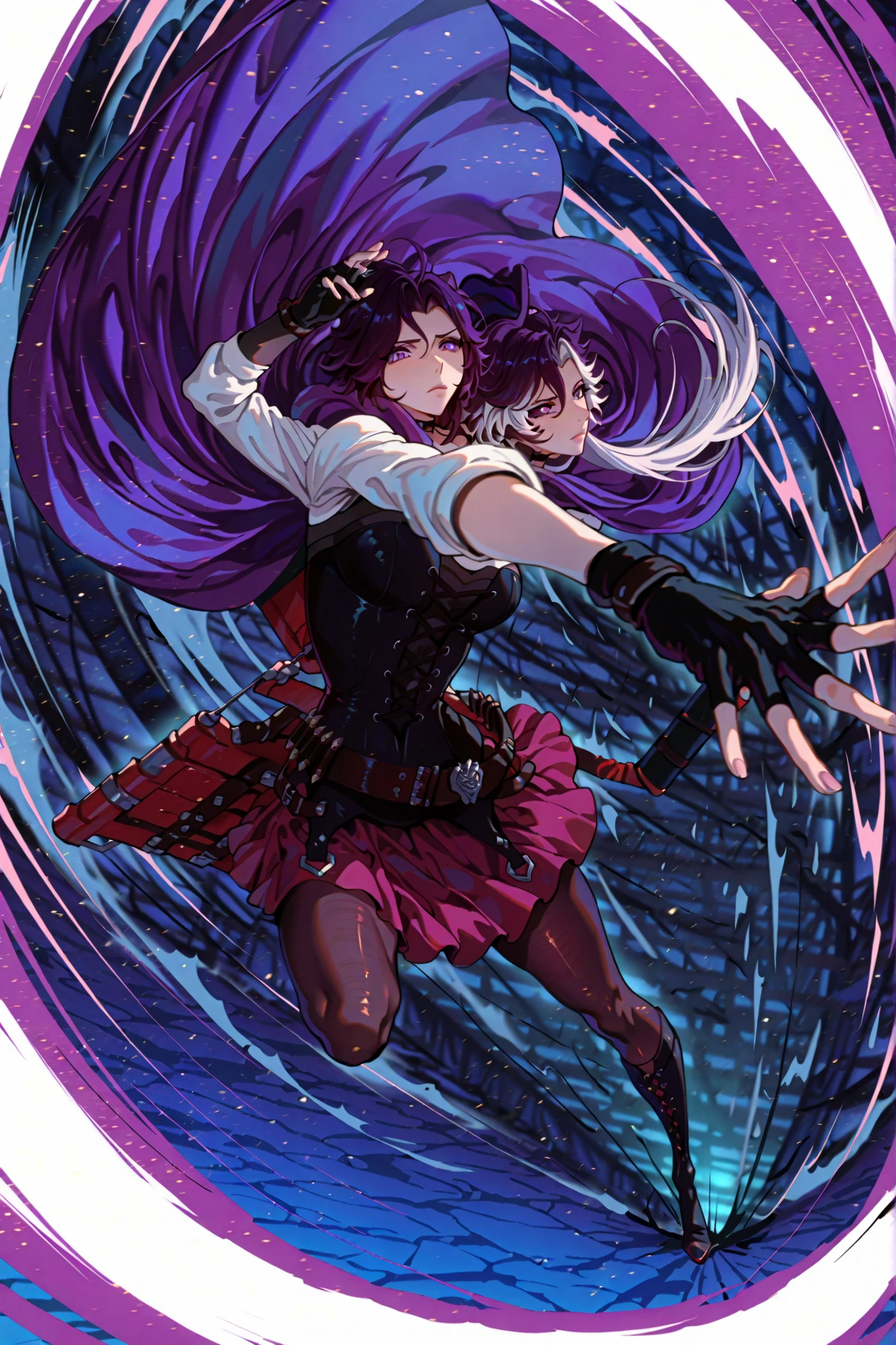 dynamic pose, foreshortening, extreme perspective,RubyR0se, 1girl, violet hair, white hair, two tone hair, purple eyes, dark blue sclera, Vol7Huntress, parted bangs, choker, dark pink skirt, pantyhose, purple cape, black corset, undershirt, fingerless gloves, bandolier,