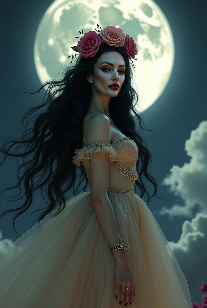 score_9, score_8_up, score_7_up, score_6_up, rating: safe, 1girl, solo, (black_hair:1.5), wavy_hair, jewelry, dress, blue_eyes, earrings, (long_hair:1.5), looking_at_viewer, curly_hair, full_body, lips, lace, white_dress, gold_dress, (night:1.3), cxqz8r, medieval_dress, medieval_landscape, fullmoon, rpg, (_face:1.3), narrow_waist, (skinny:1.3), (pale_skin:1.4), (uso_da:1.5), (large_breasts:1.2)
