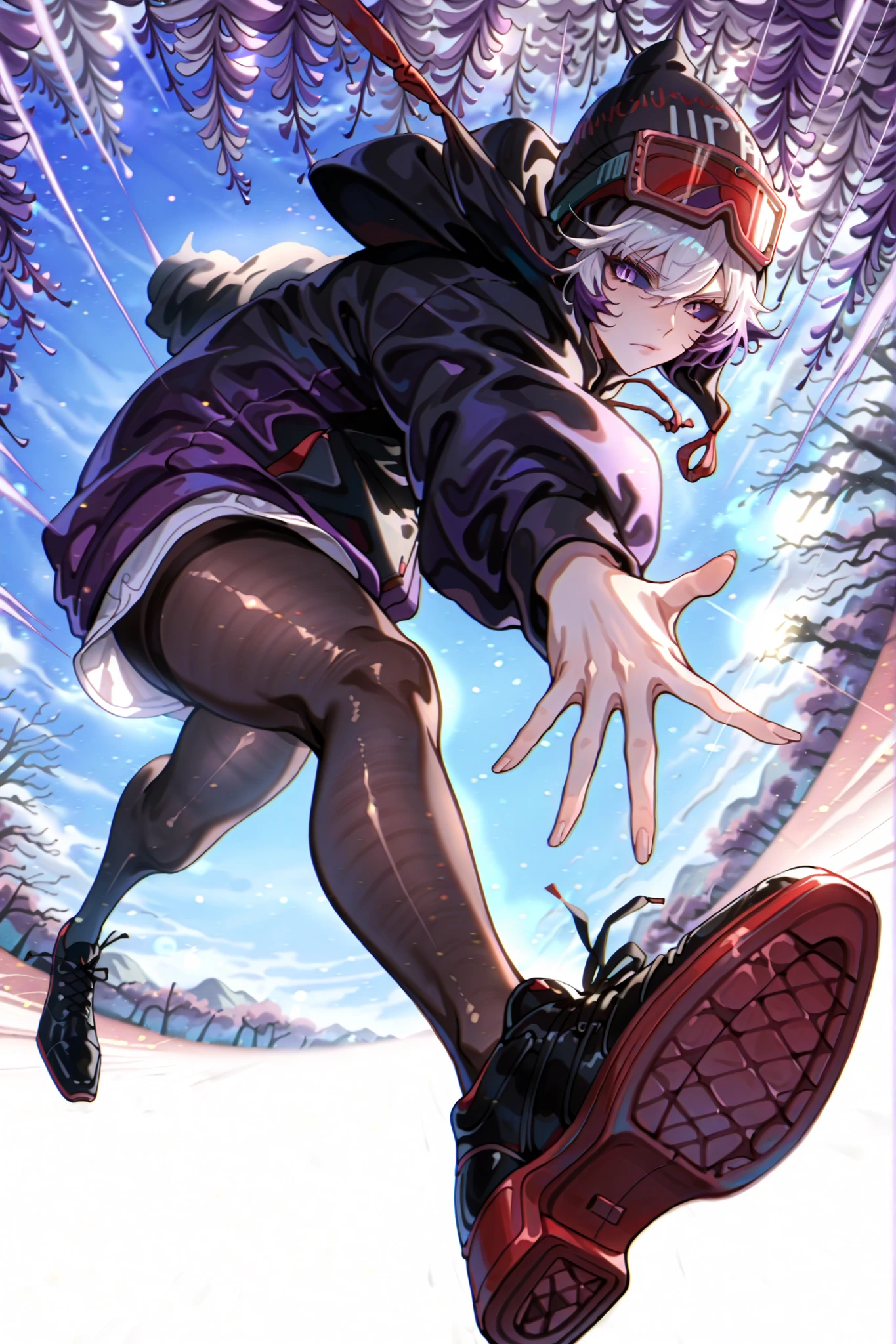 dynamic pose, foreshortening, extreme perspective,RubyR0se, 1girl, violet hair, white hair, two tone hair, purple eyes, dark blue sclera, LucidDreamOutfit, goggles, black hoodie, lilac shirt, purple jacket, hat, pantyhose, beanie, long sleeves, black shoes