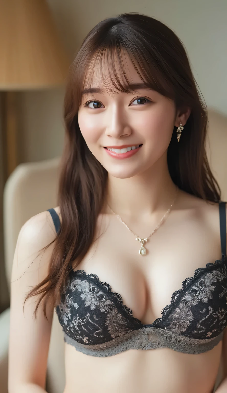 (high resolution, high quality, masterpiece, 8K), Japanese starlet, pretty woman, 21 years old, (detailed patterned lace bra, silver black dra, non-padded bra:1.2), (detailed patterned lace panties, silver black panties, micro panties:), ((simple necklace, earring)), luxury lounge, perfect proportions, beautiful cleavage, medium breasts, detailed face and eyes, natural make-up, pale pink lip, realistic textured skin, looking at viewer, smile