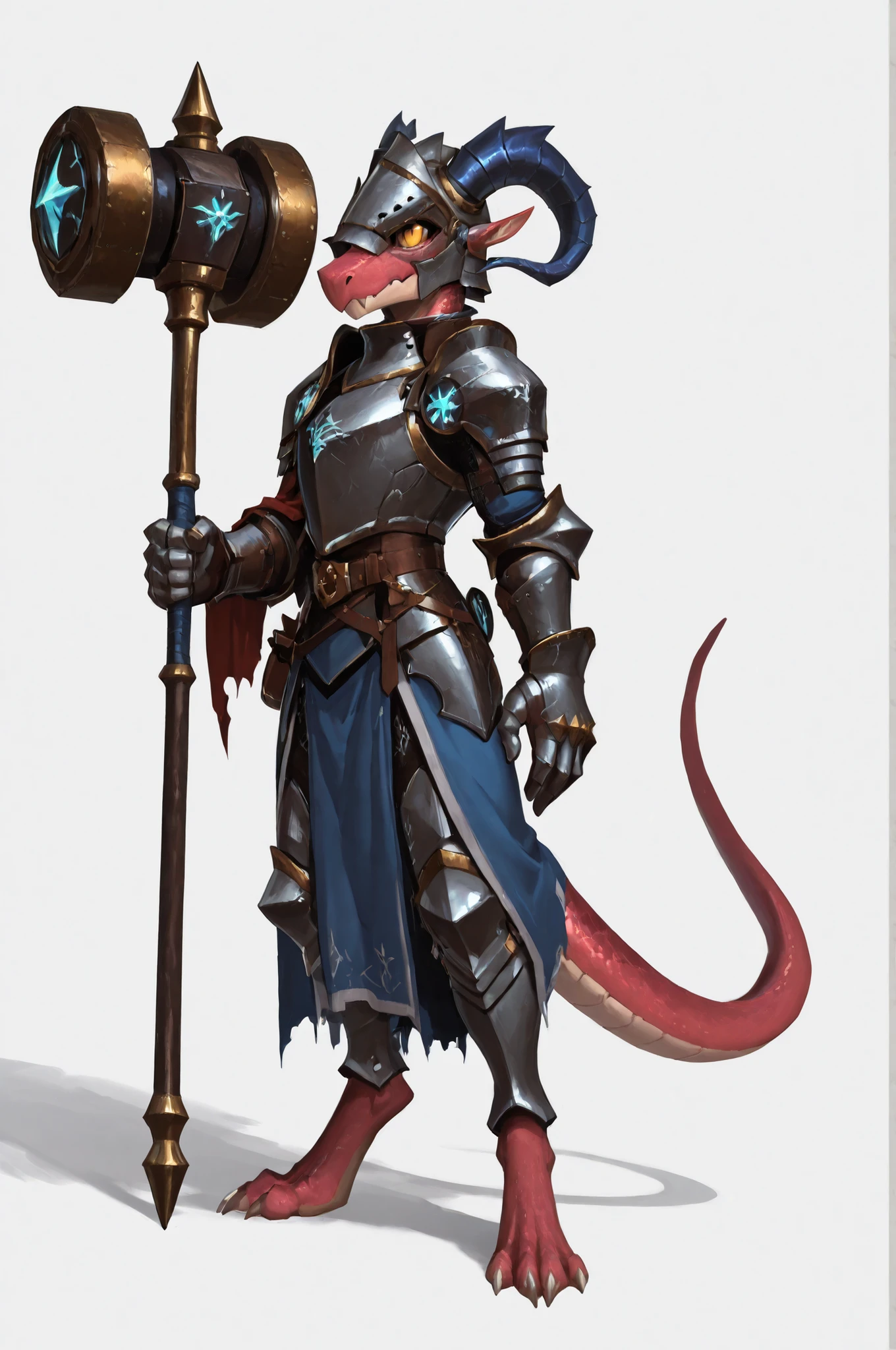 WarlockMaster, winged helmet, helm, pauldrons, shoulder armor, armor, full armor, cape, gauntlets, brown belt,pointed ears, long draconic snout, lean physique, kobold, blue scales, great gray horns, highly detailed, best quality, holding great iron hammer