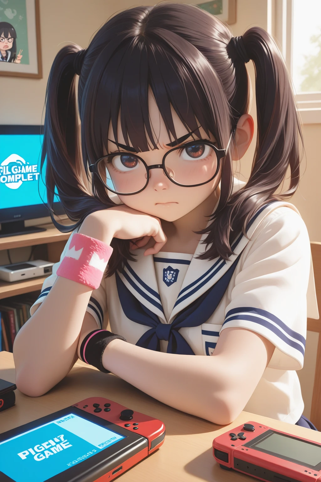 View your audience,Leaning forward,(Random cute clothes),(Random animation pose),(Thin type),(Large ),(Random hairstyle),(Best image quality, (8K), Ultra-realistic, 最high quality, high quality, High resolution, high qualityの質感, Attention to detail, Beautiful details, Fine details, Extremely detailed CG, Detailed Texture, Realistic facial expressions, masterpiece, in front),(Wearing glasses:1.1)